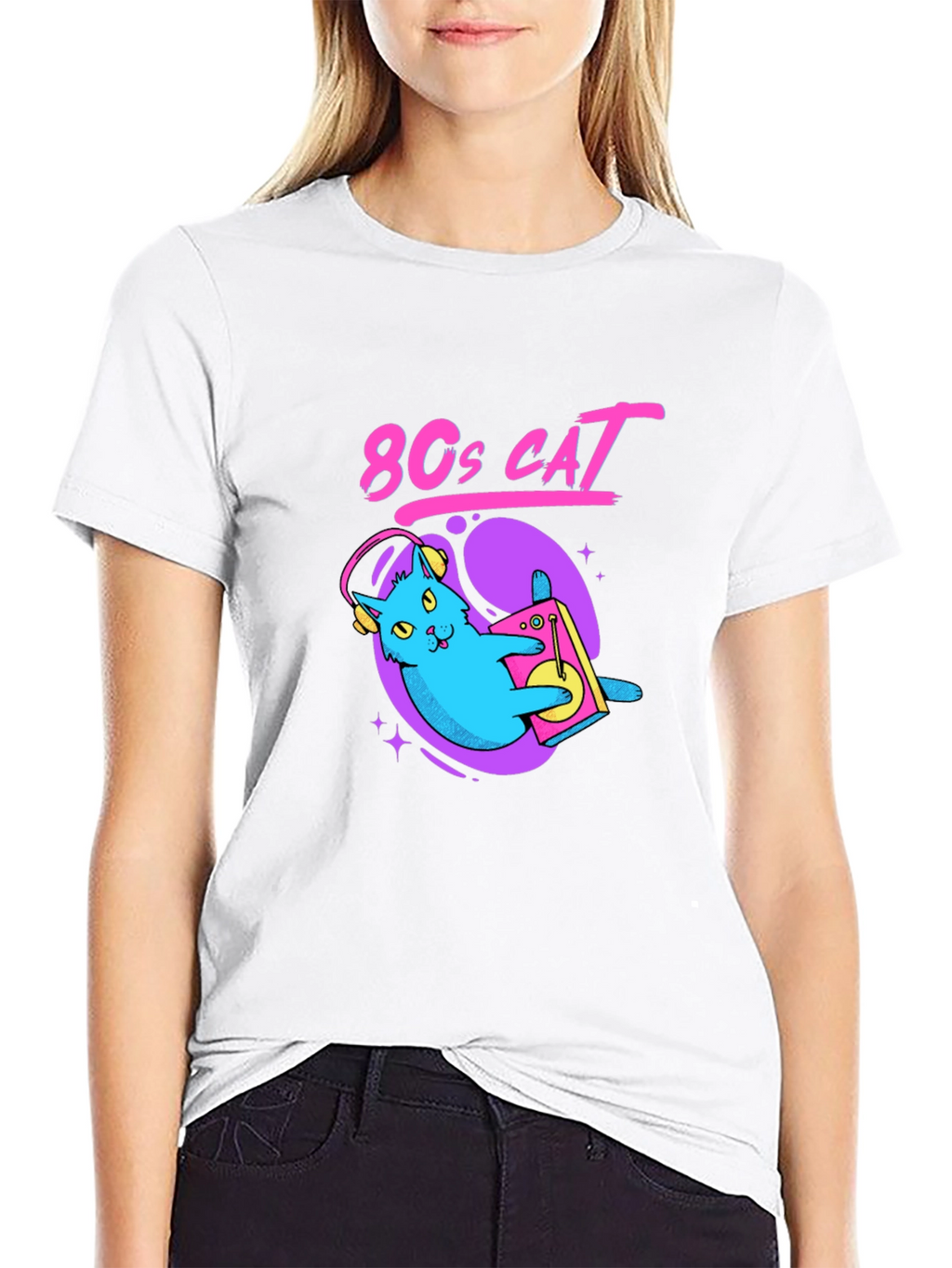 80s Cat Graphic Tee - Retro Style