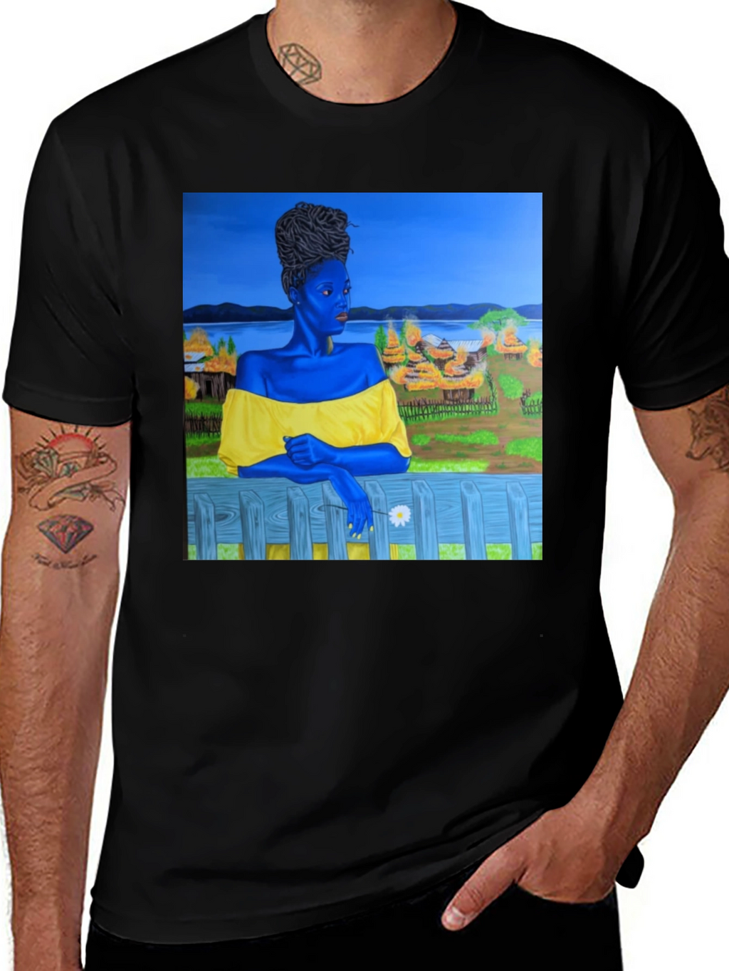 Black T-Shirt with Artistic Portrait Print