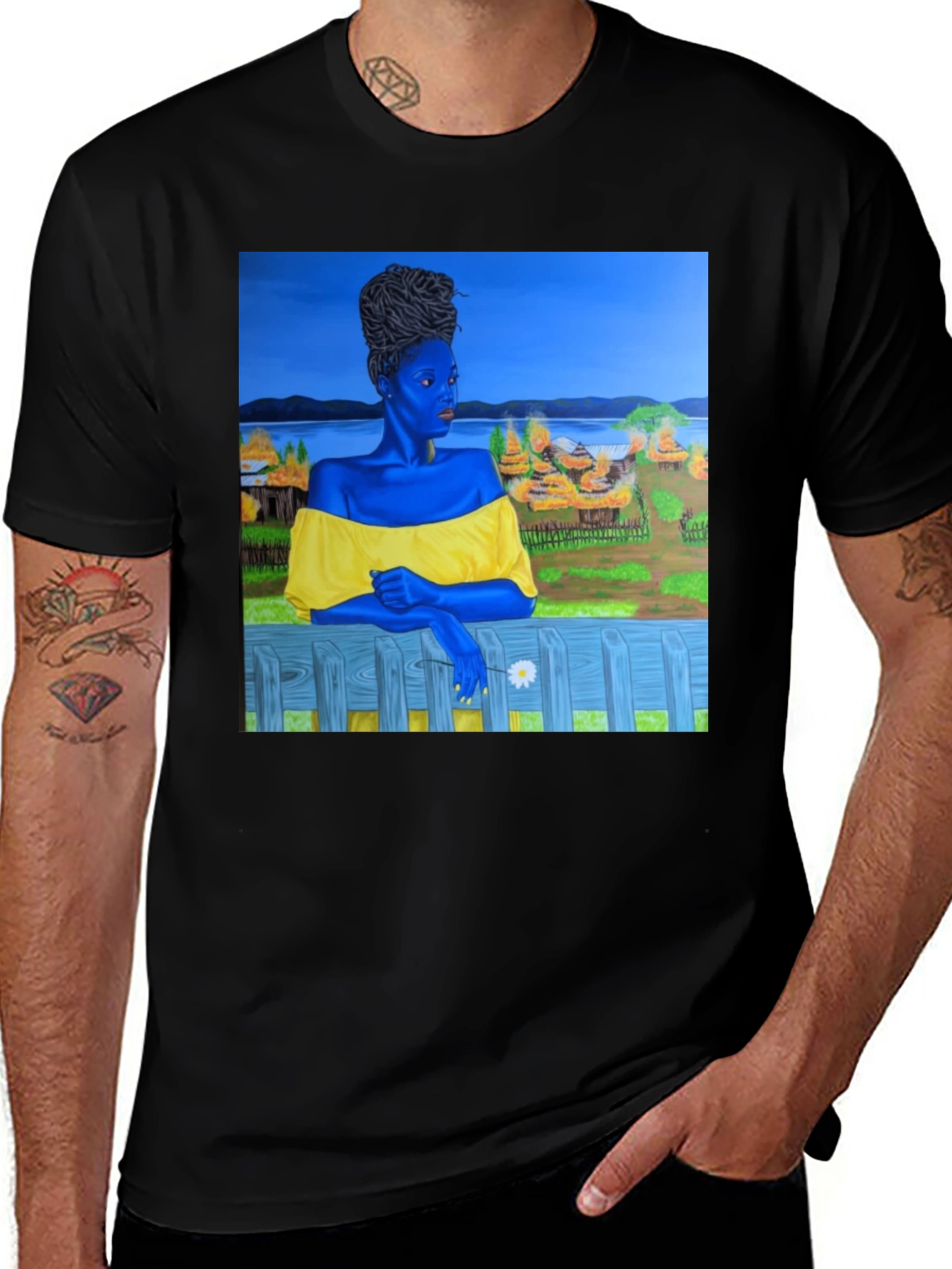 Black T-Shirt with Artistic Portrait Print