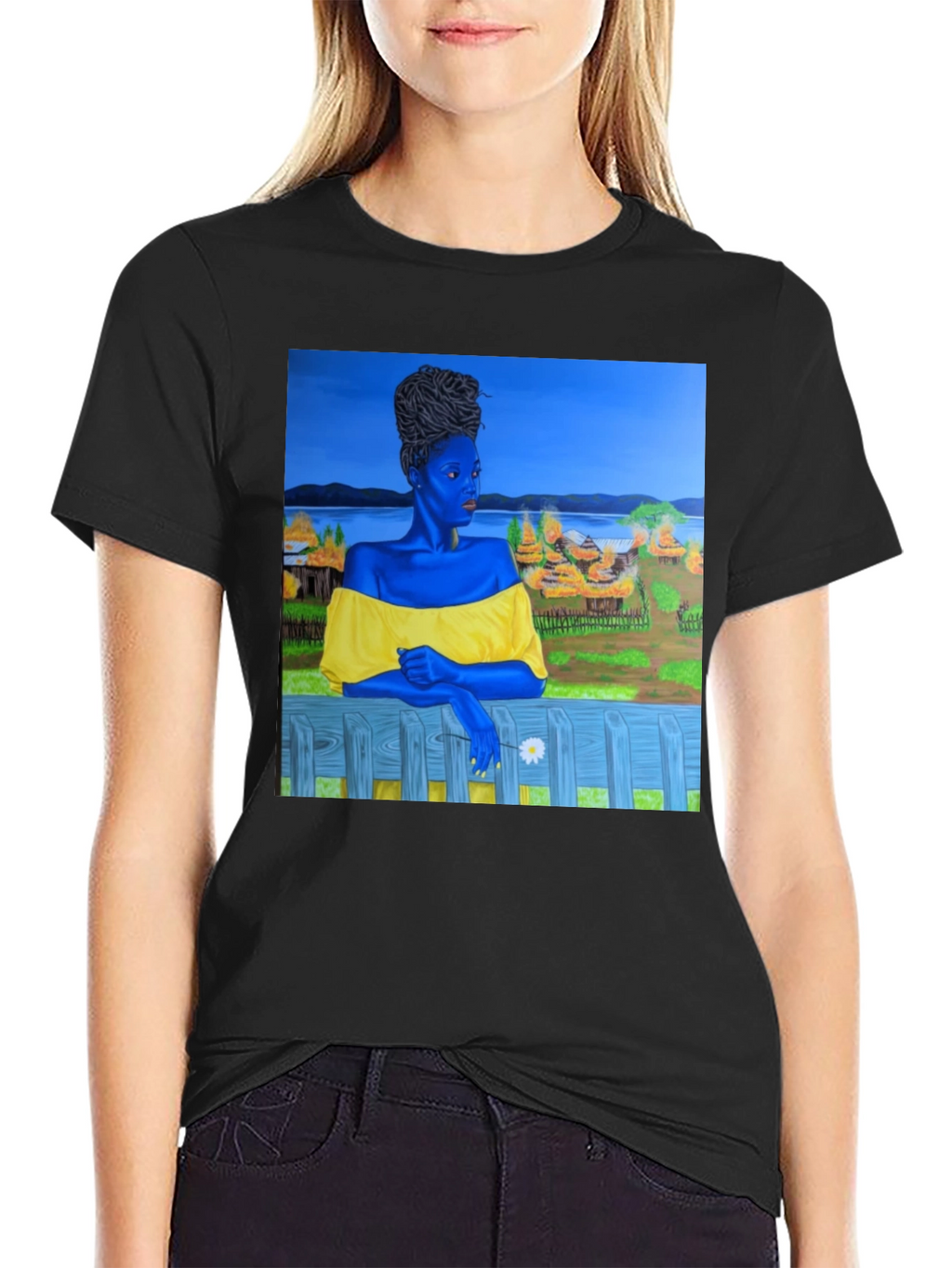 Black T-Shirt with Artistic Portrait Print