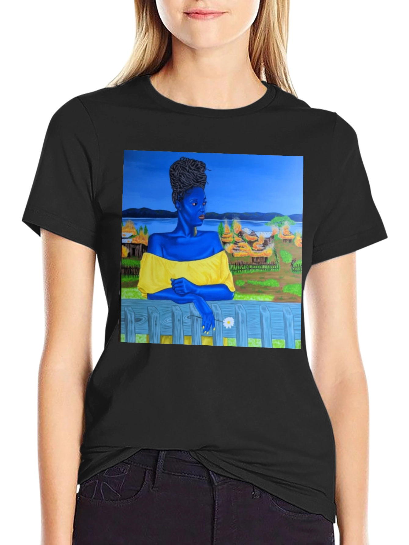 Black T-Shirt with Artistic Portrait Print