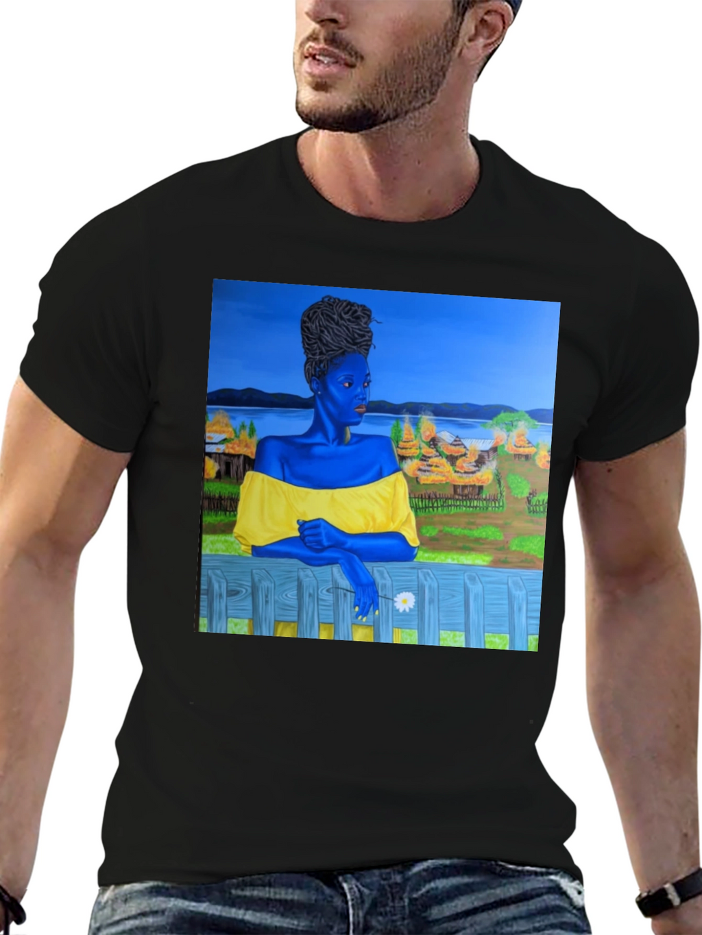 Black T-Shirt with Artistic Portrait Print