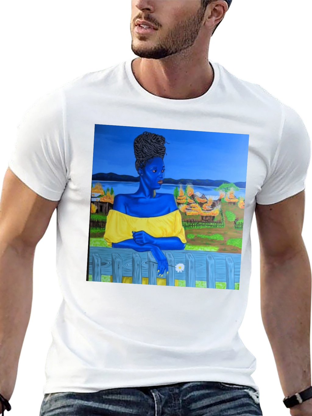 Black T-Shirt with Artistic Portrait Print