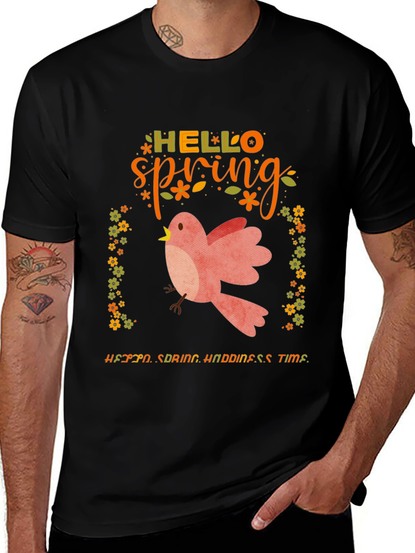 Hello Spring Graphic Tee - Bird & Floral Design