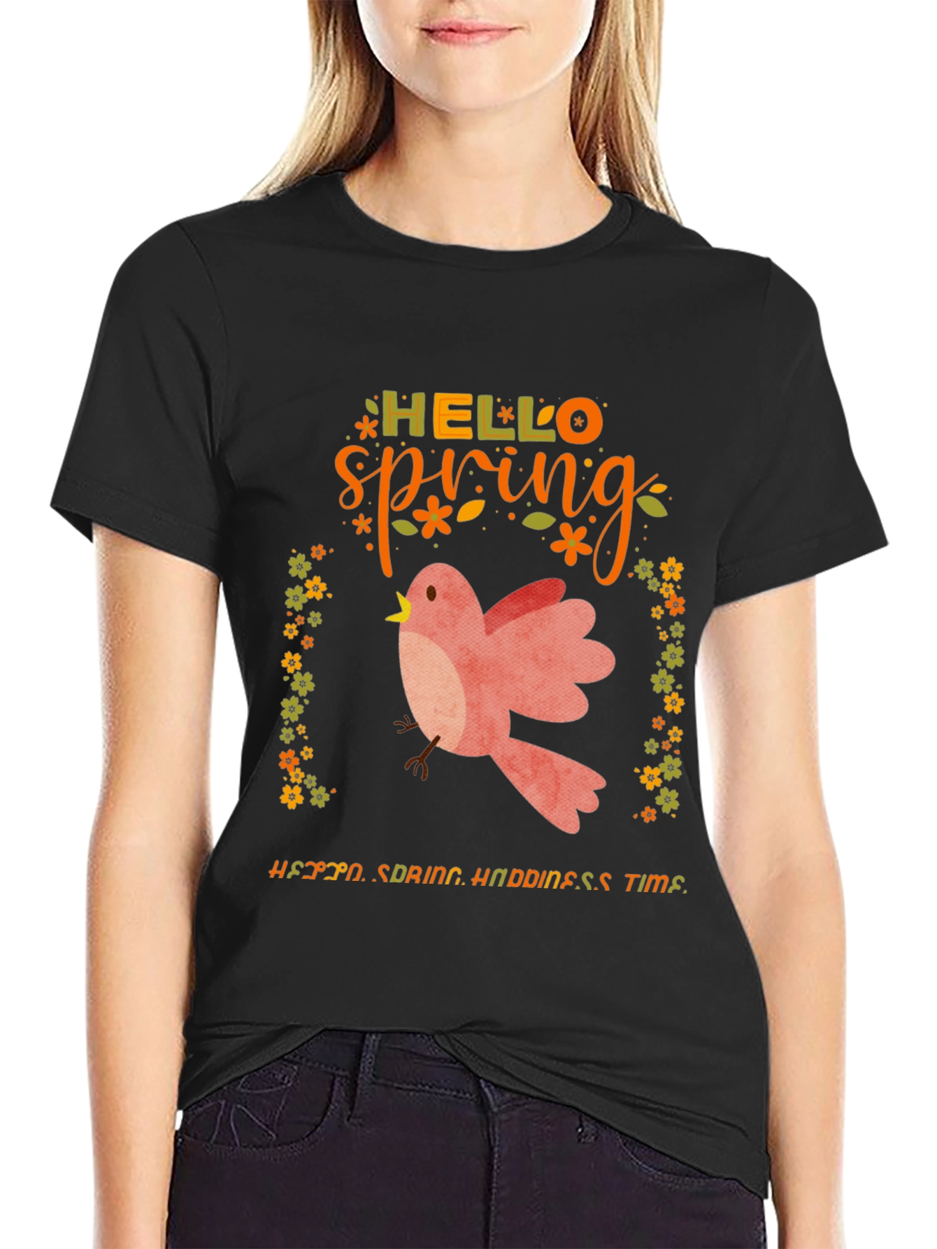 Hello Spring Graphic Tee - Bird & Floral Design