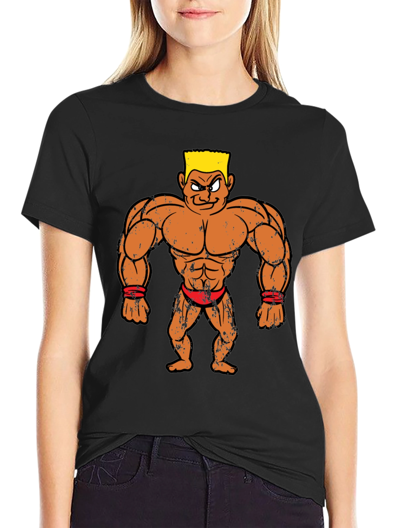 Cartoon Bodybuilder Graphic Tee - Black