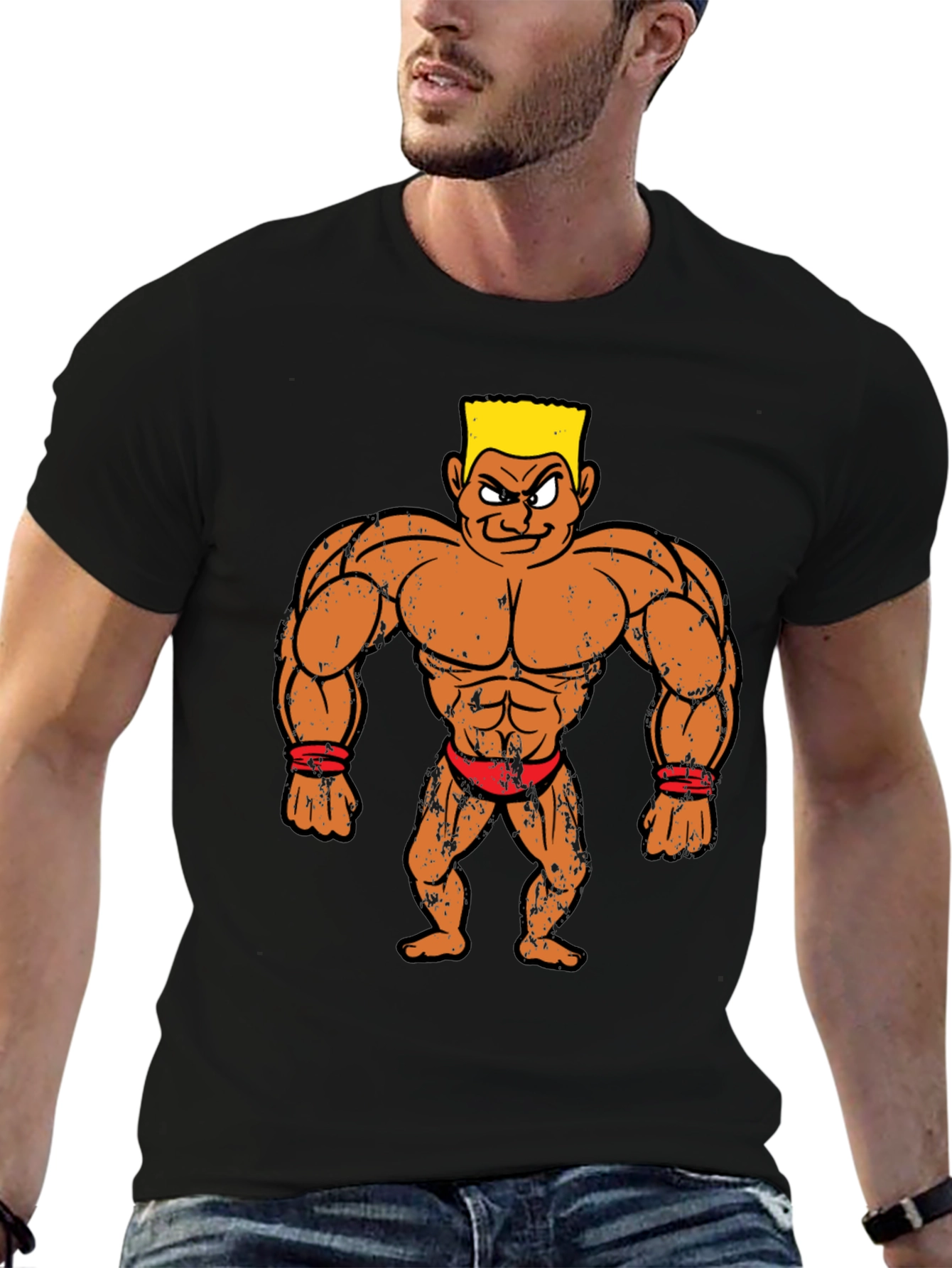 Cartoon Bodybuilder Graphic Tee - Black