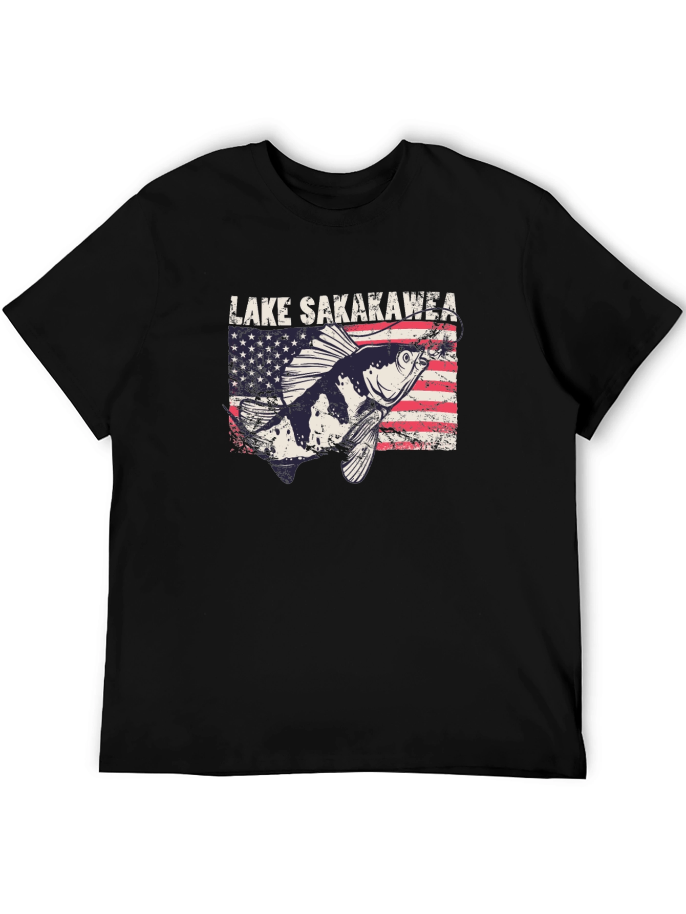 Lake Sakakawea Fishing T-Shirt - Patriotic American Flag