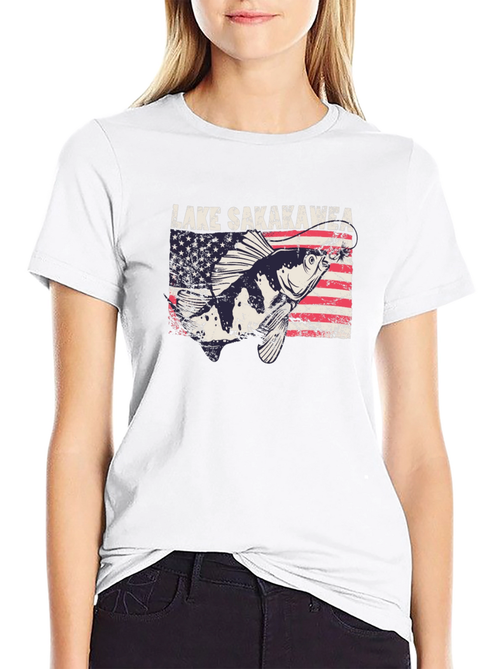Lake Sakakawea Fishing T-Shirt - Patriotic American Flag