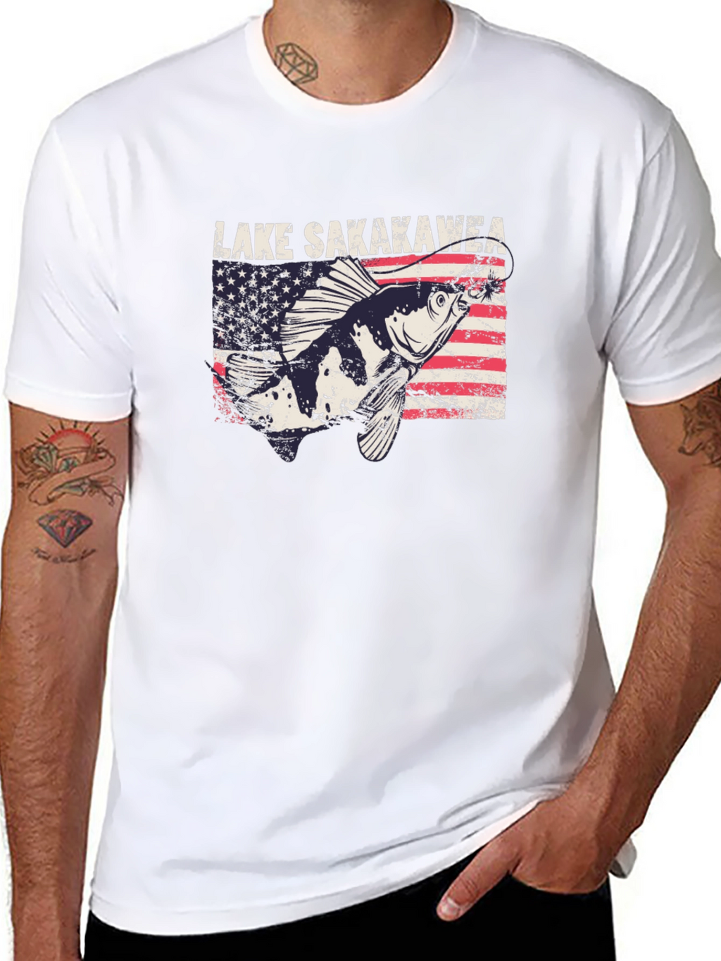 Lake Sakakawea Fishing T-Shirt - Patriotic American Flag