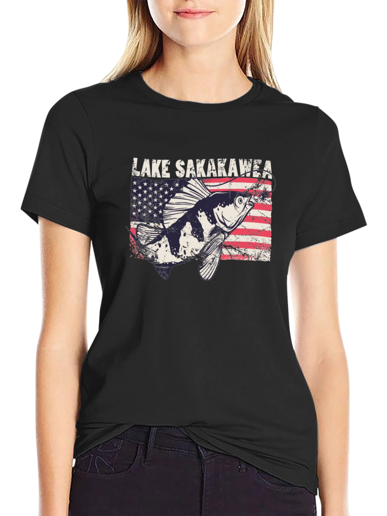 Lake Sakakawea Fishing T-Shirt - Patriotic American Flag