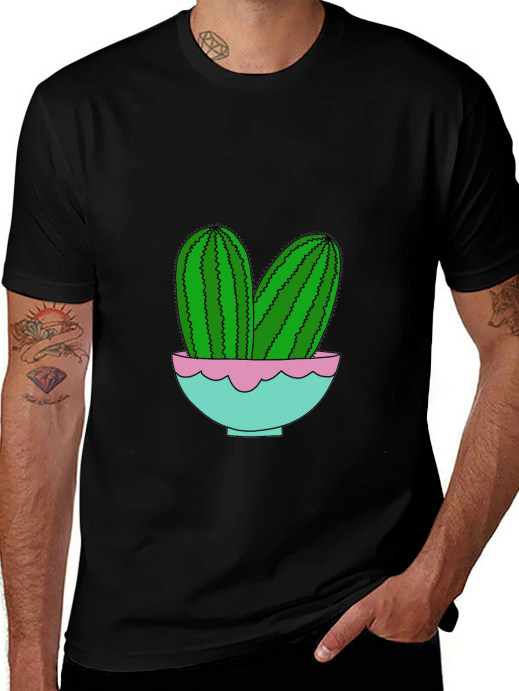 Cactus in Pot Graphic Tee - Trendy Black T-Shirt
