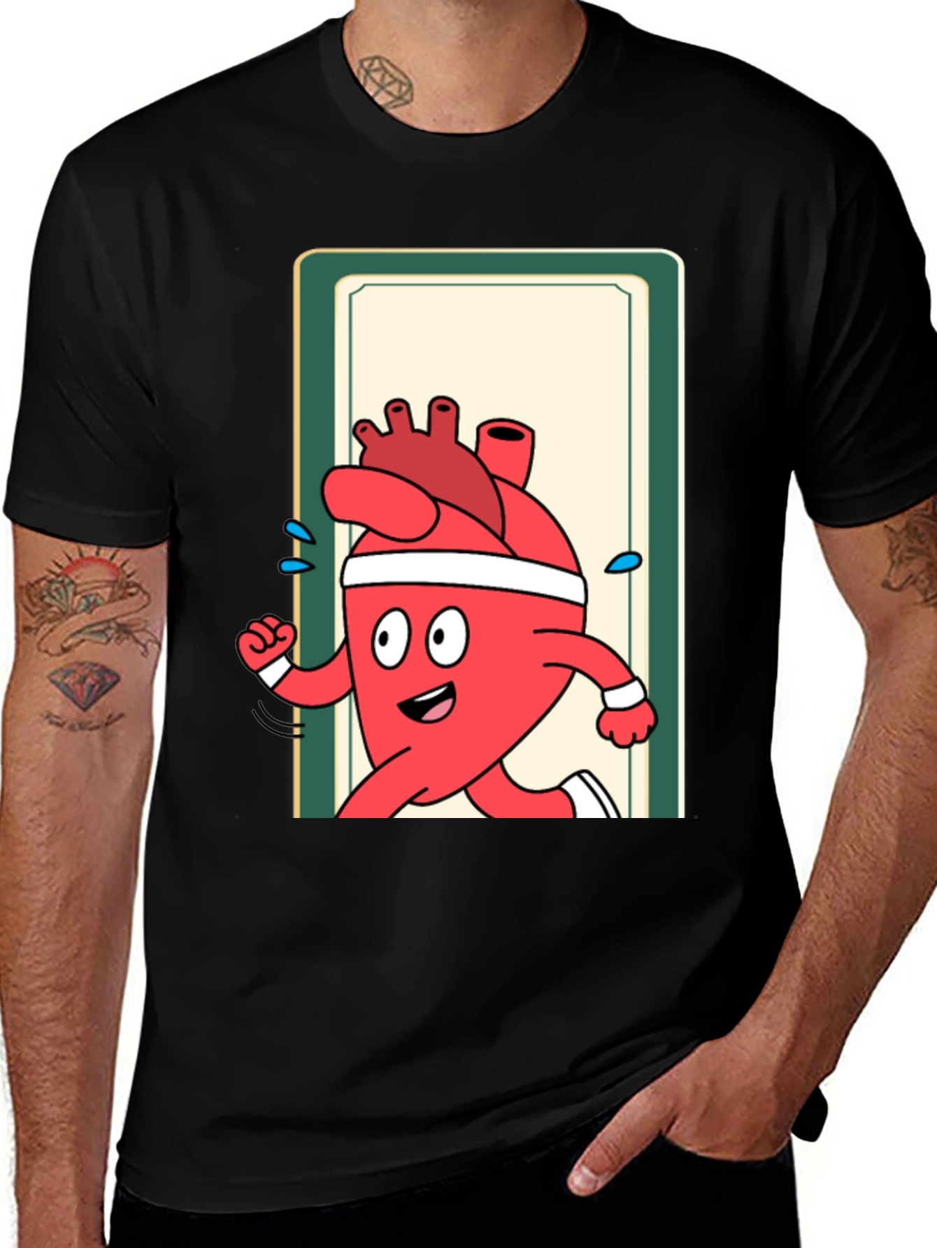 Running Heart Cartoon Graphic Tee - Black
