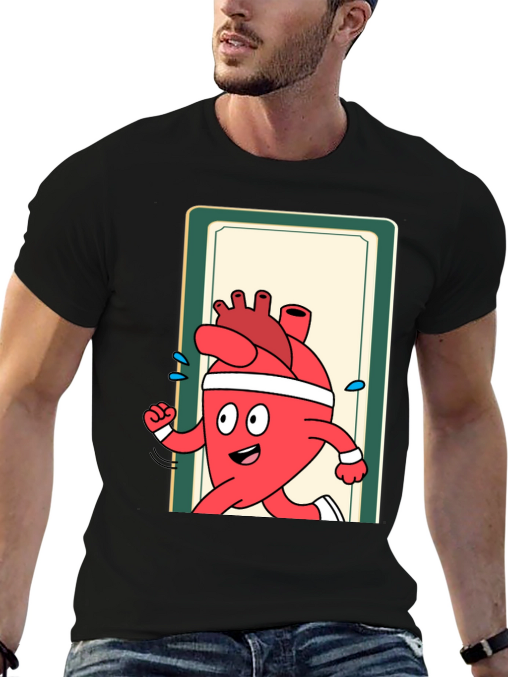 Running Heart Cartoon Graphic Tee - Black