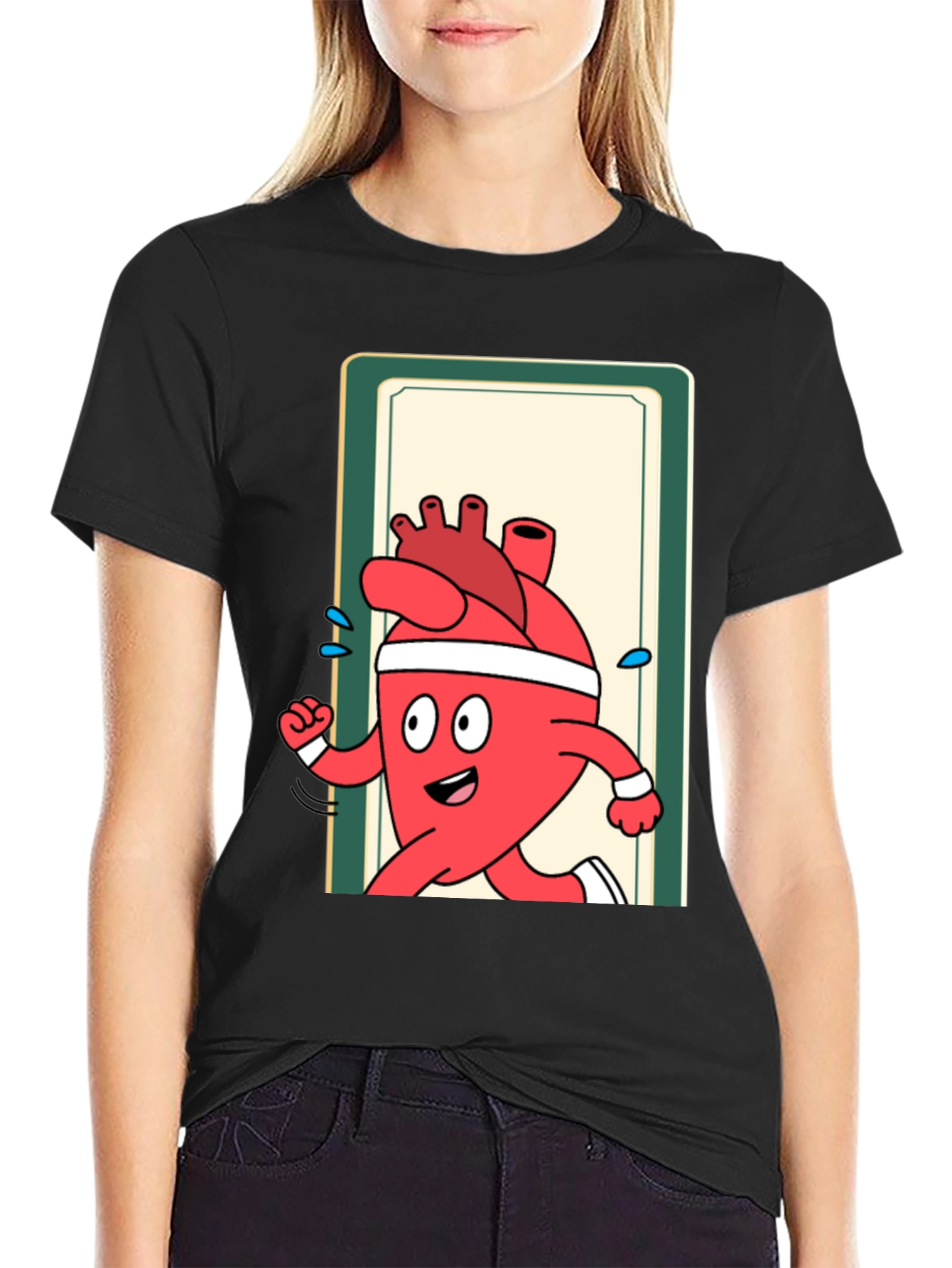 Running Heart Cartoon Graphic Tee - Black