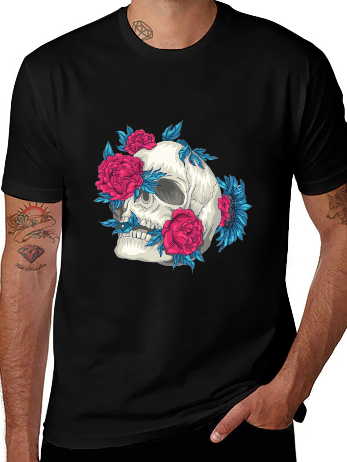 Skull and Flowers Graphic Print Tee