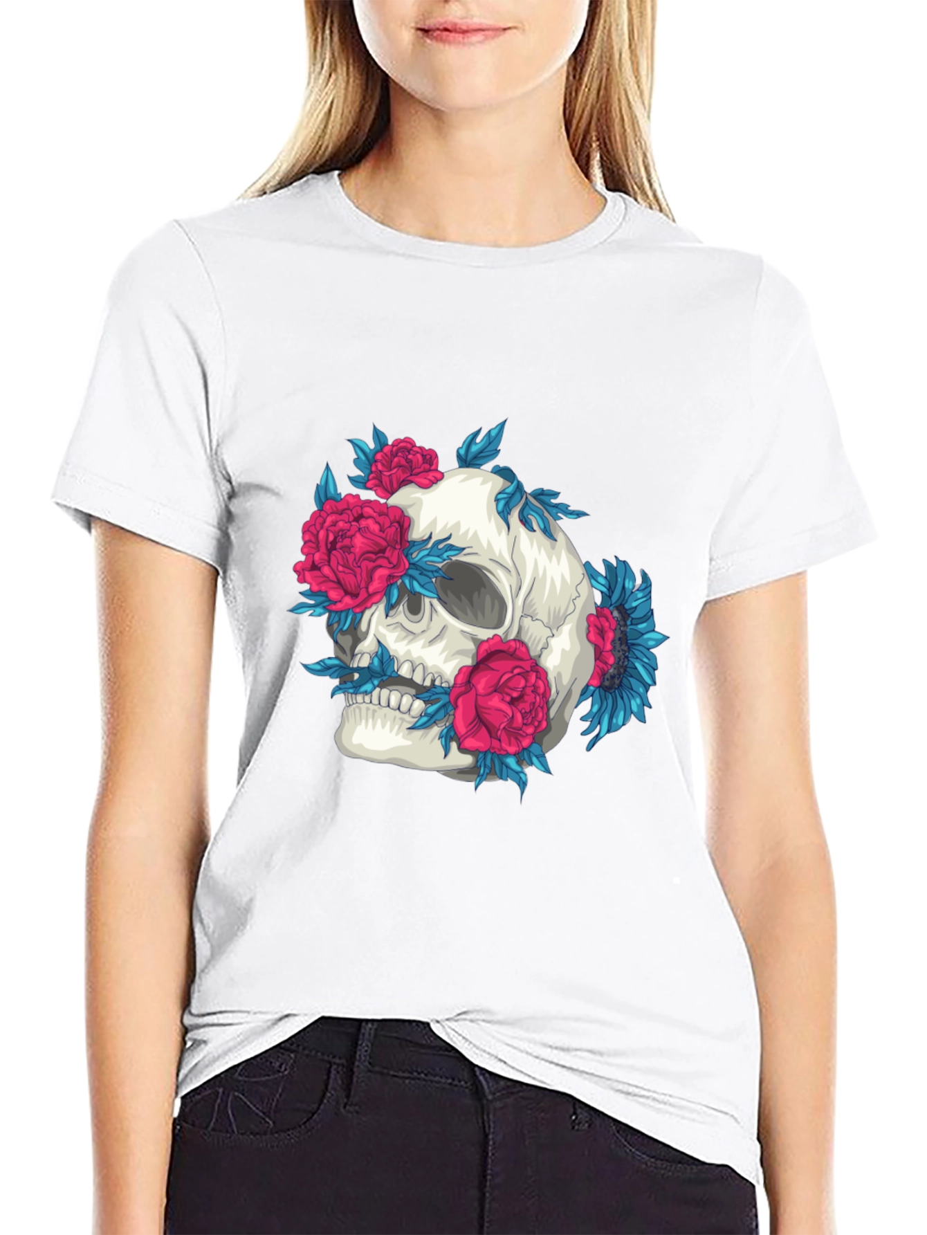 Skull and Flowers Graphic Print Tee