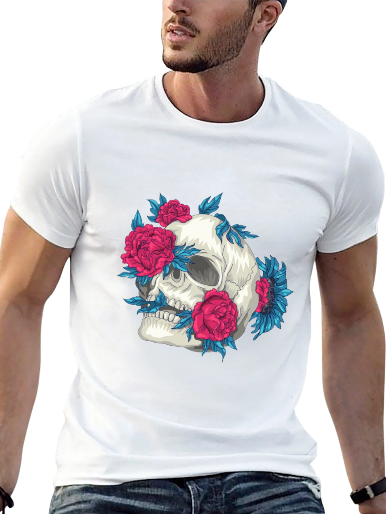 Skull and Flowers Graphic Print Tee