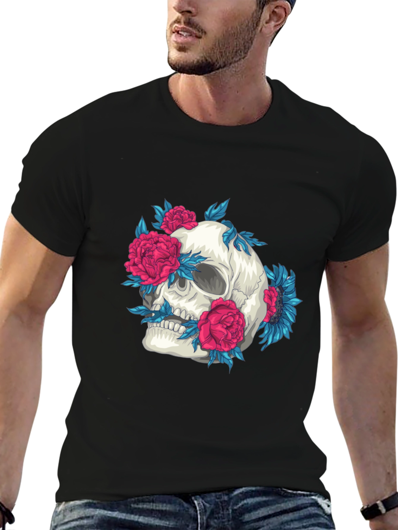 Skull and Flowers Graphic Print Tee