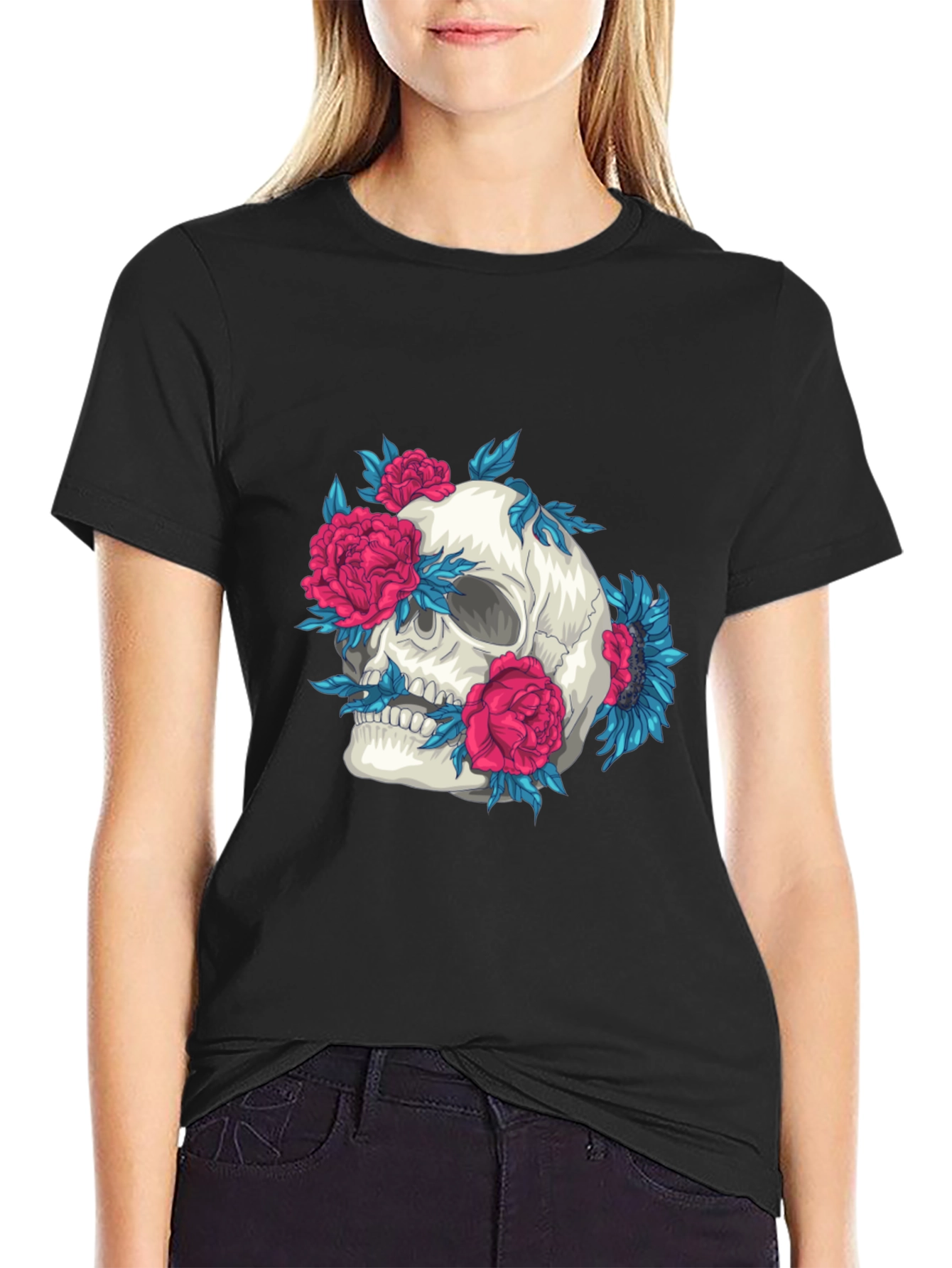 Skull and Flowers Graphic Print Tee