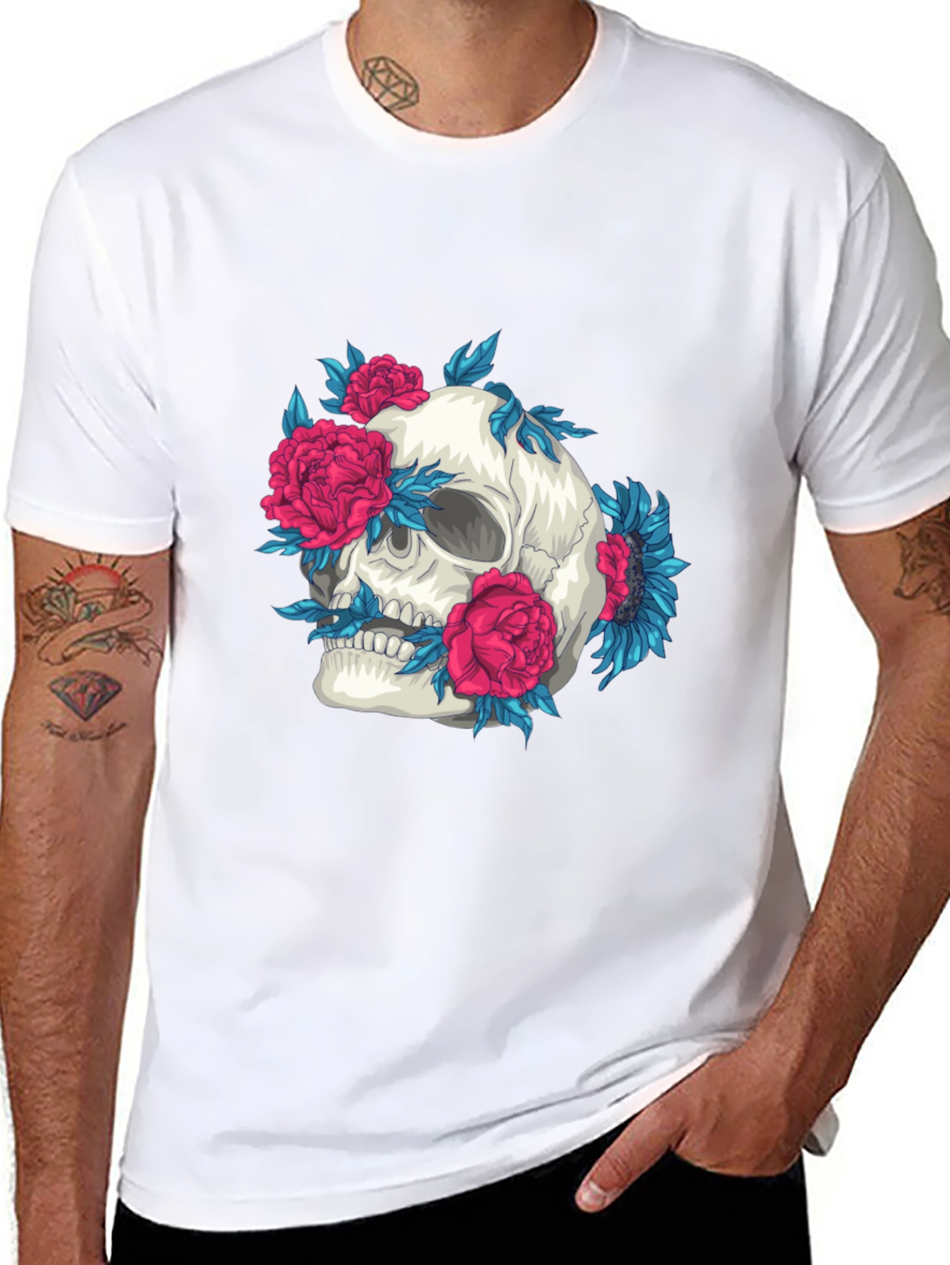 Skull and Flowers Graphic Print Tee