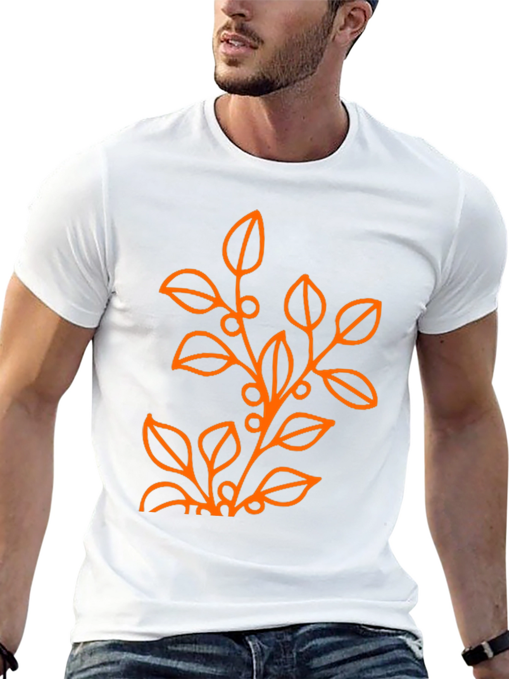 Mens Black T-Shirt with Orange Floral Design