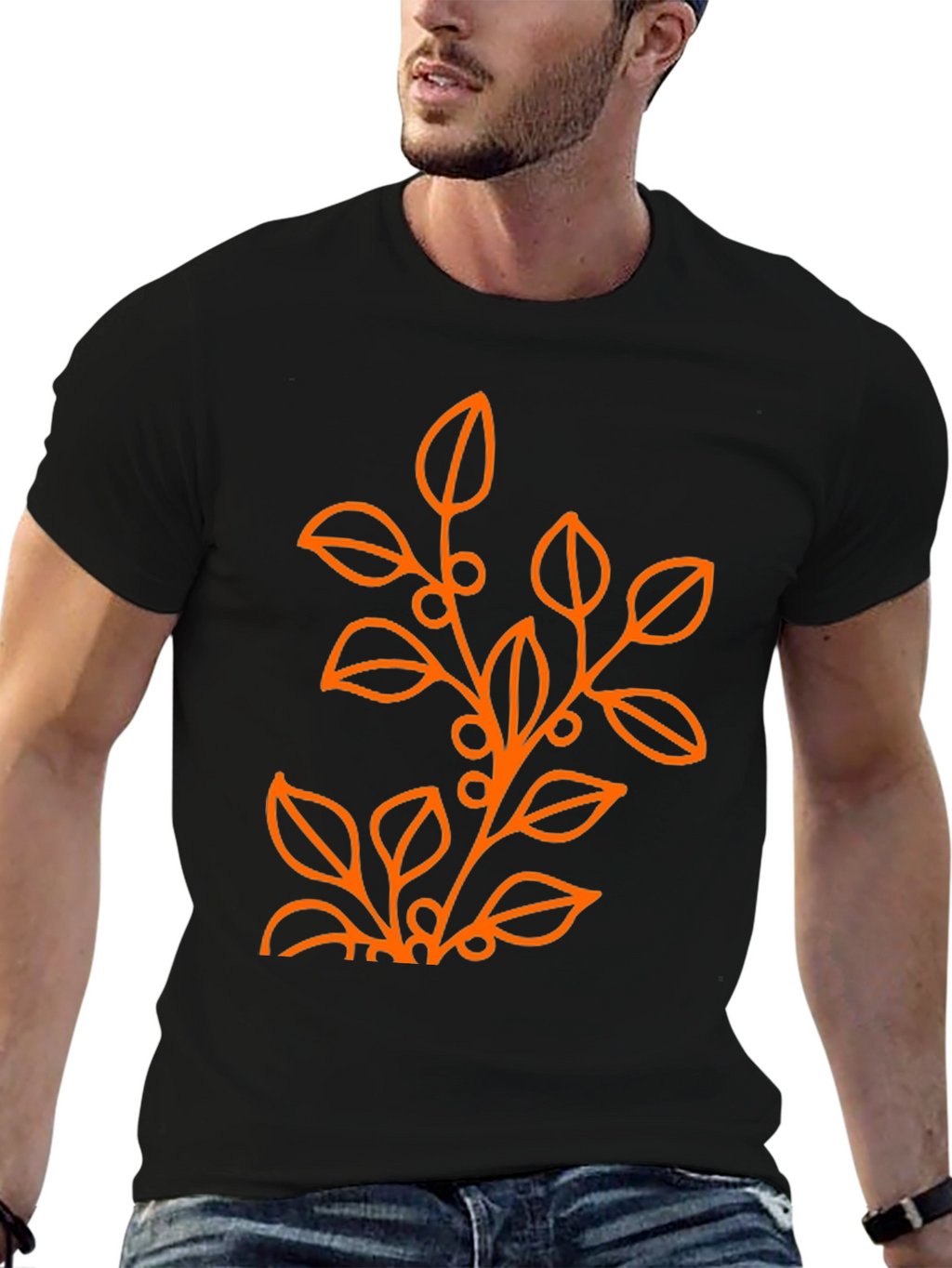 Mens Black T-Shirt with Orange Floral Design