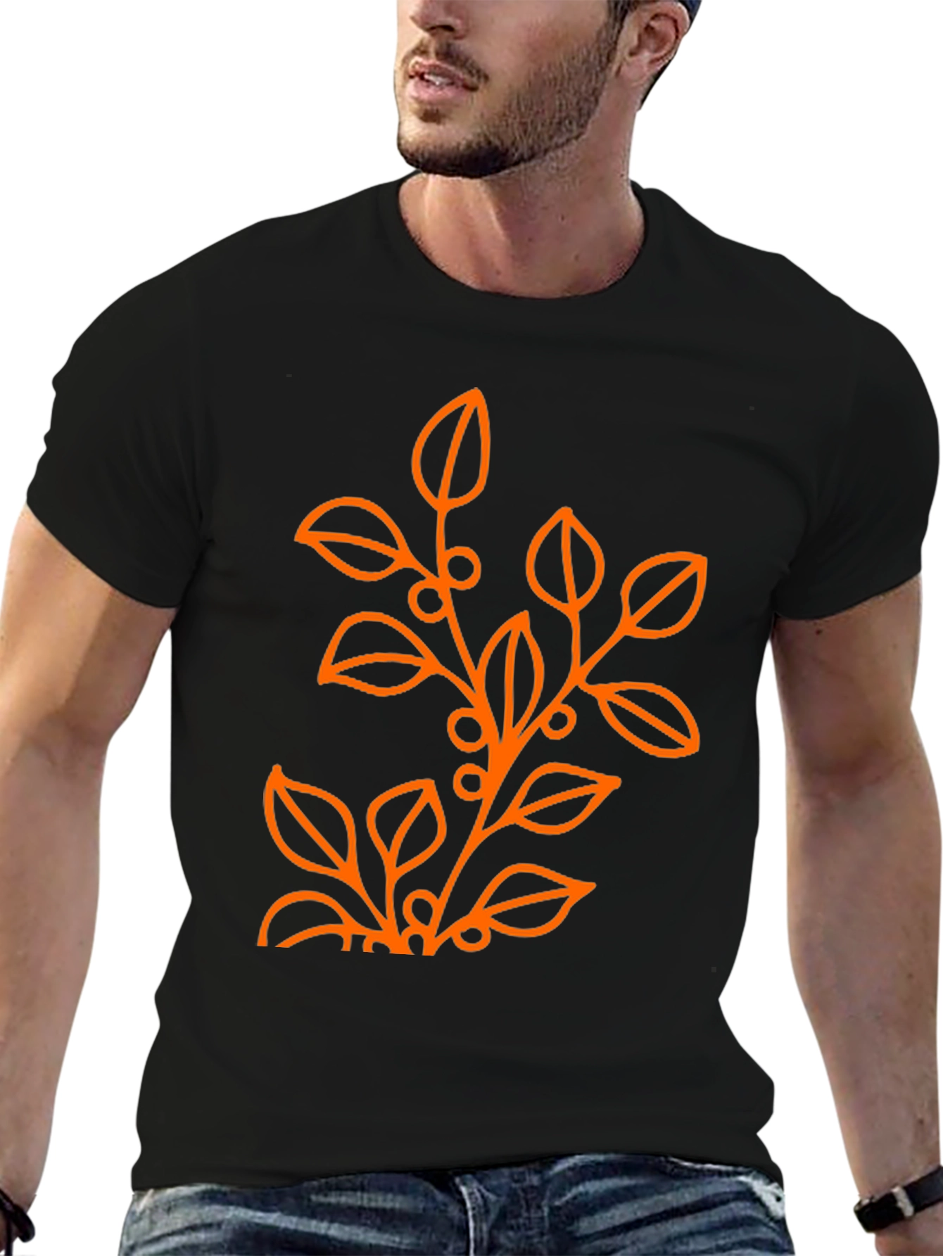 Mens Black T-Shirt with Orange Floral Design