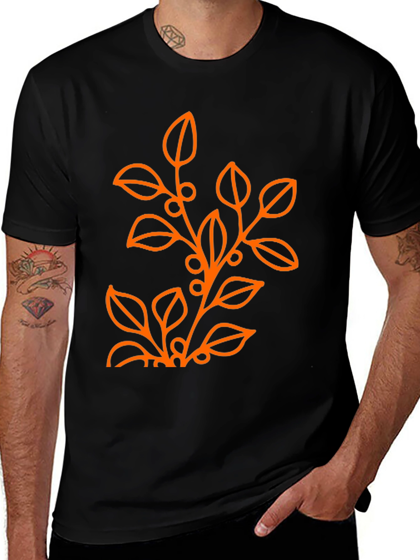 Mens Black T-Shirt with Orange Floral Design