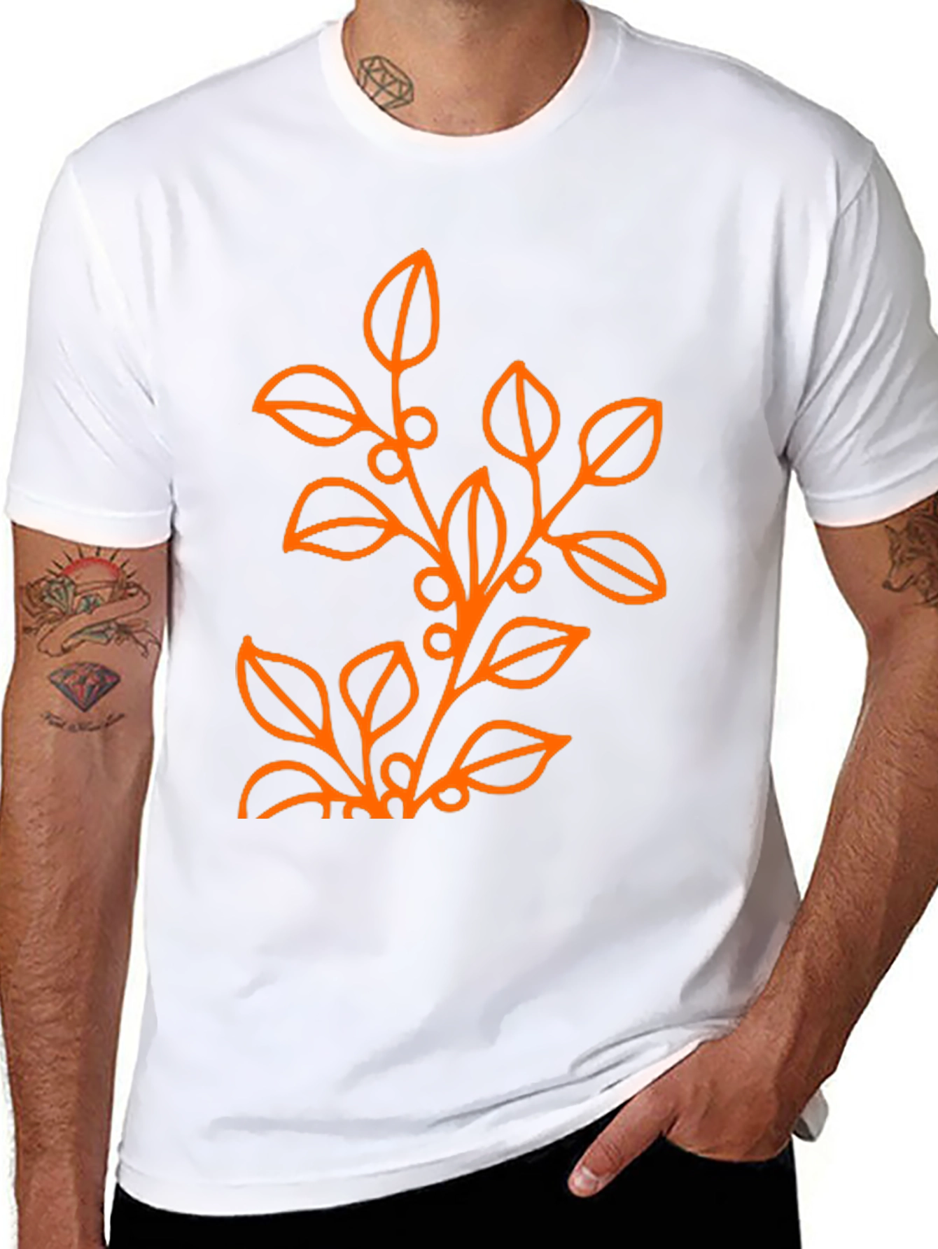 Mens Black T-Shirt with Orange Floral Design