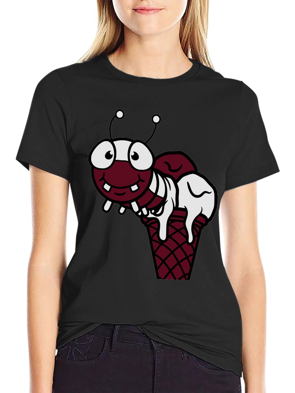 Funny Cartoon Ant Ice Cream Cone Black T-Shirt