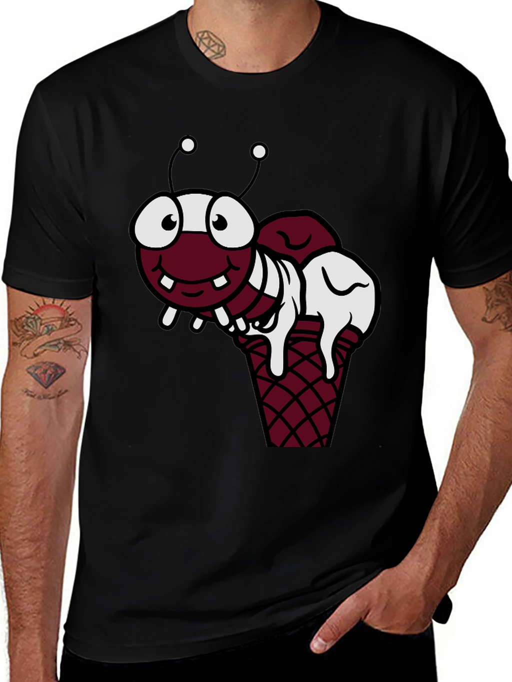 Funny Cartoon Ant Ice Cream Cone Black T-Shirt