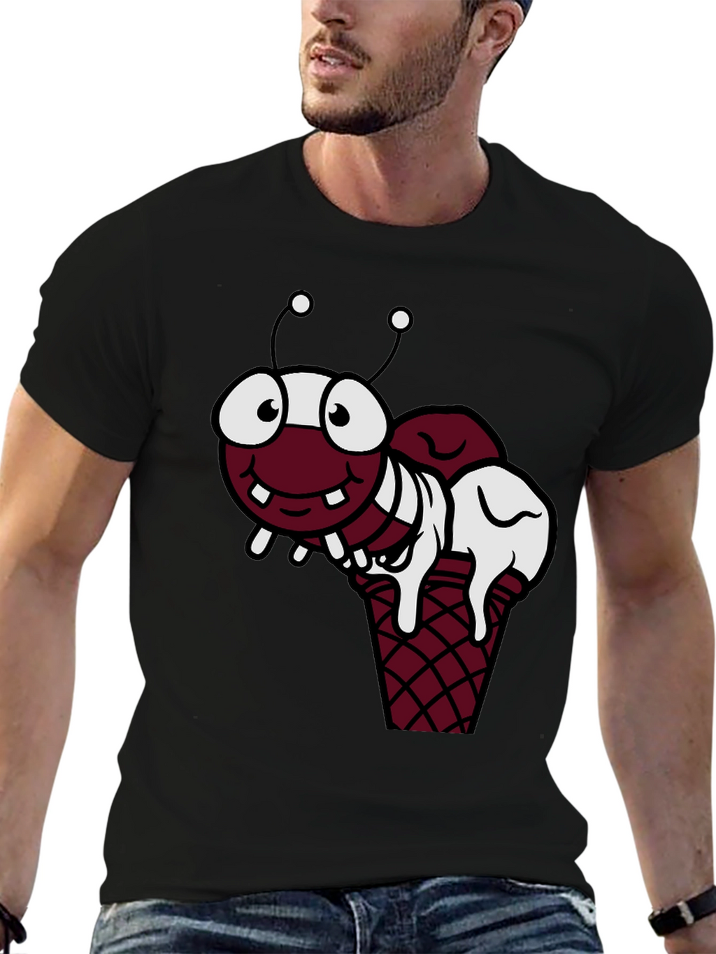 Funny Cartoon Ant Ice Cream Cone Black T-Shirt