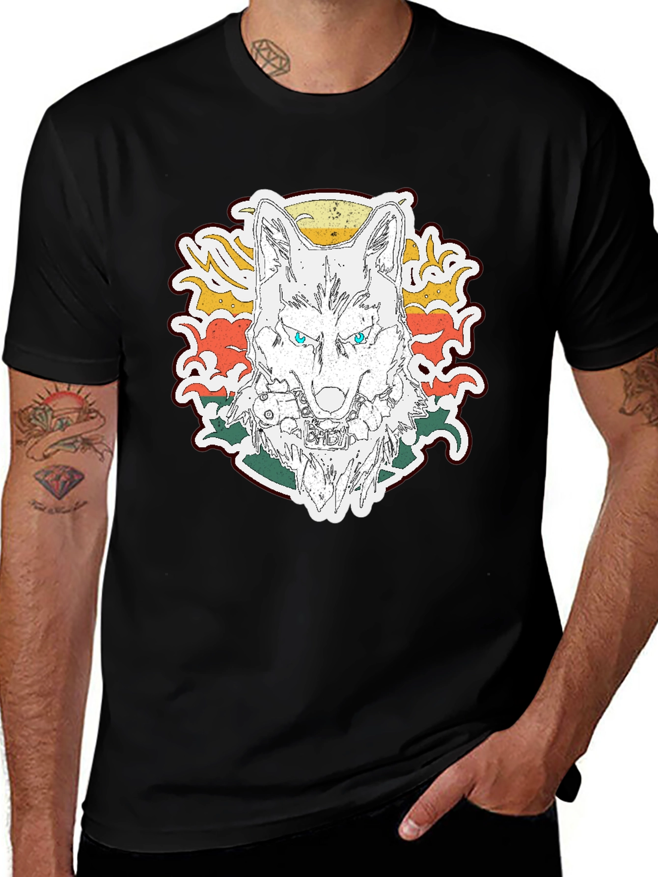 Wolf Graphic Print T-Shirt - Short Sleeve Black Tee