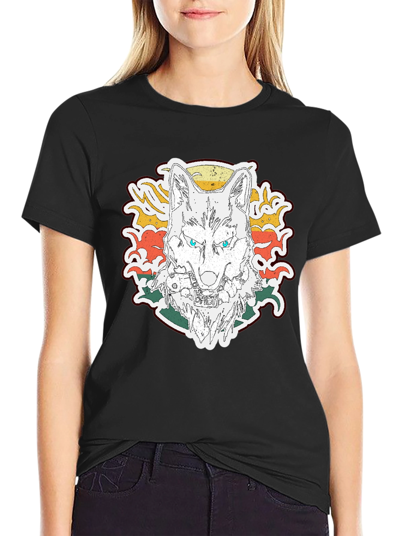 Wolf Graphic Print T-Shirt - Short Sleeve Black Tee