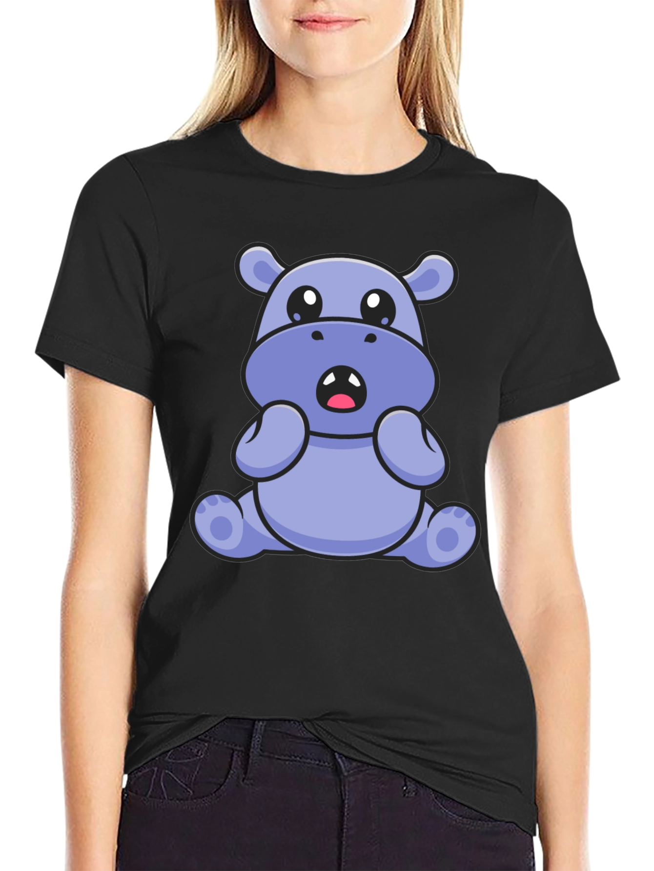 Cute Hippo Graphic Tee - Black Cotton Blend T-Shirt