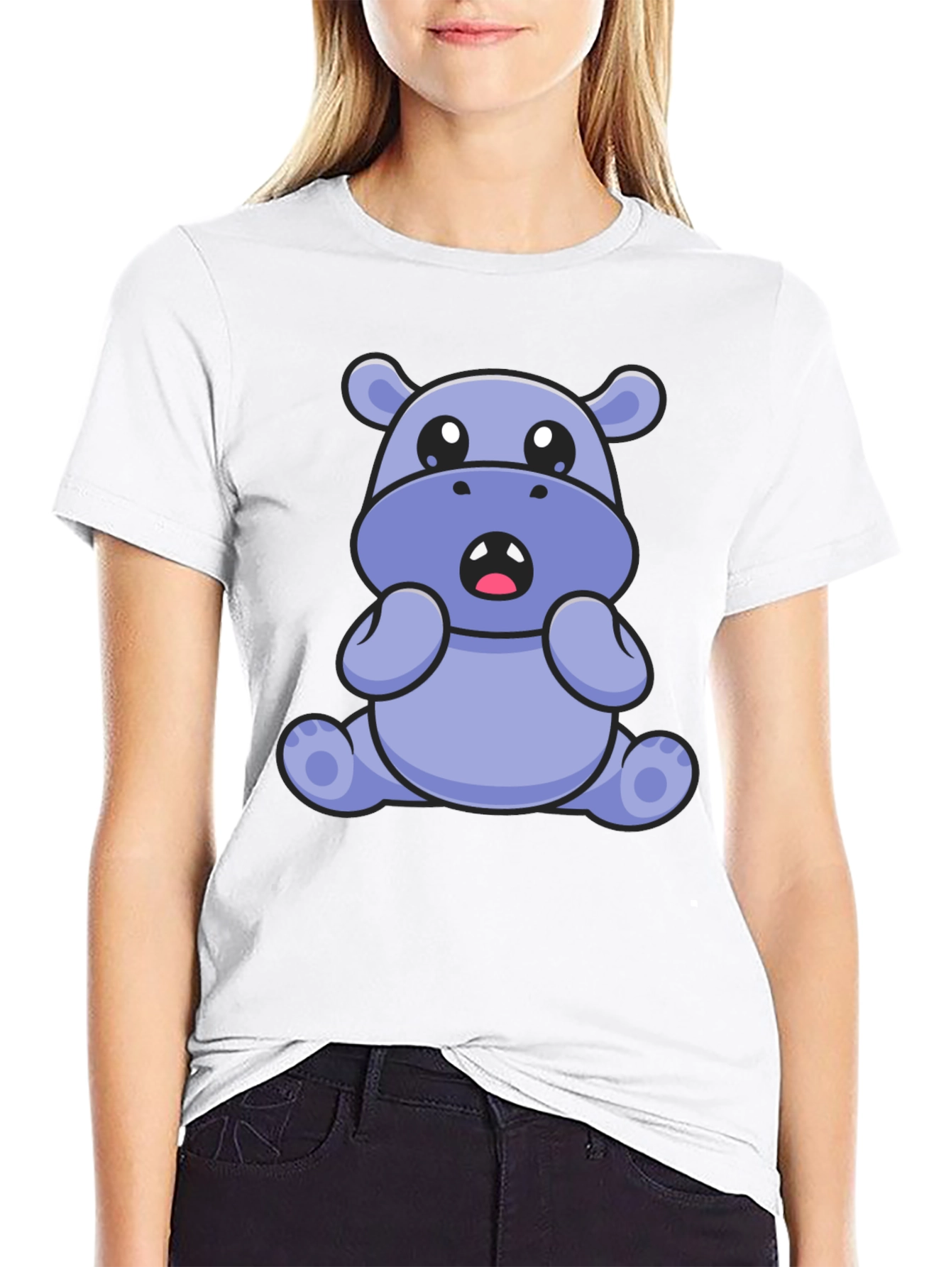Cute Hippo Graphic Tee - Black Cotton Blend T-Shirt