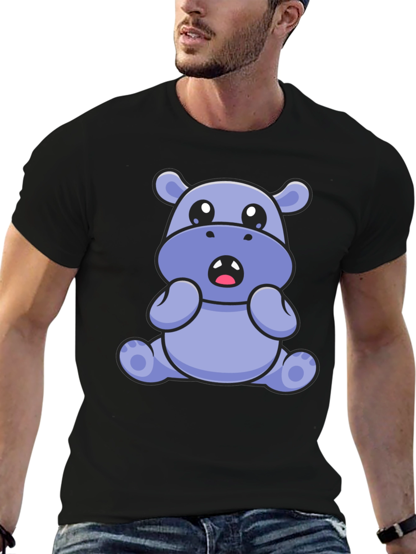 Cute Hippo Graphic Tee - Black Cotton Blend T-Shirt