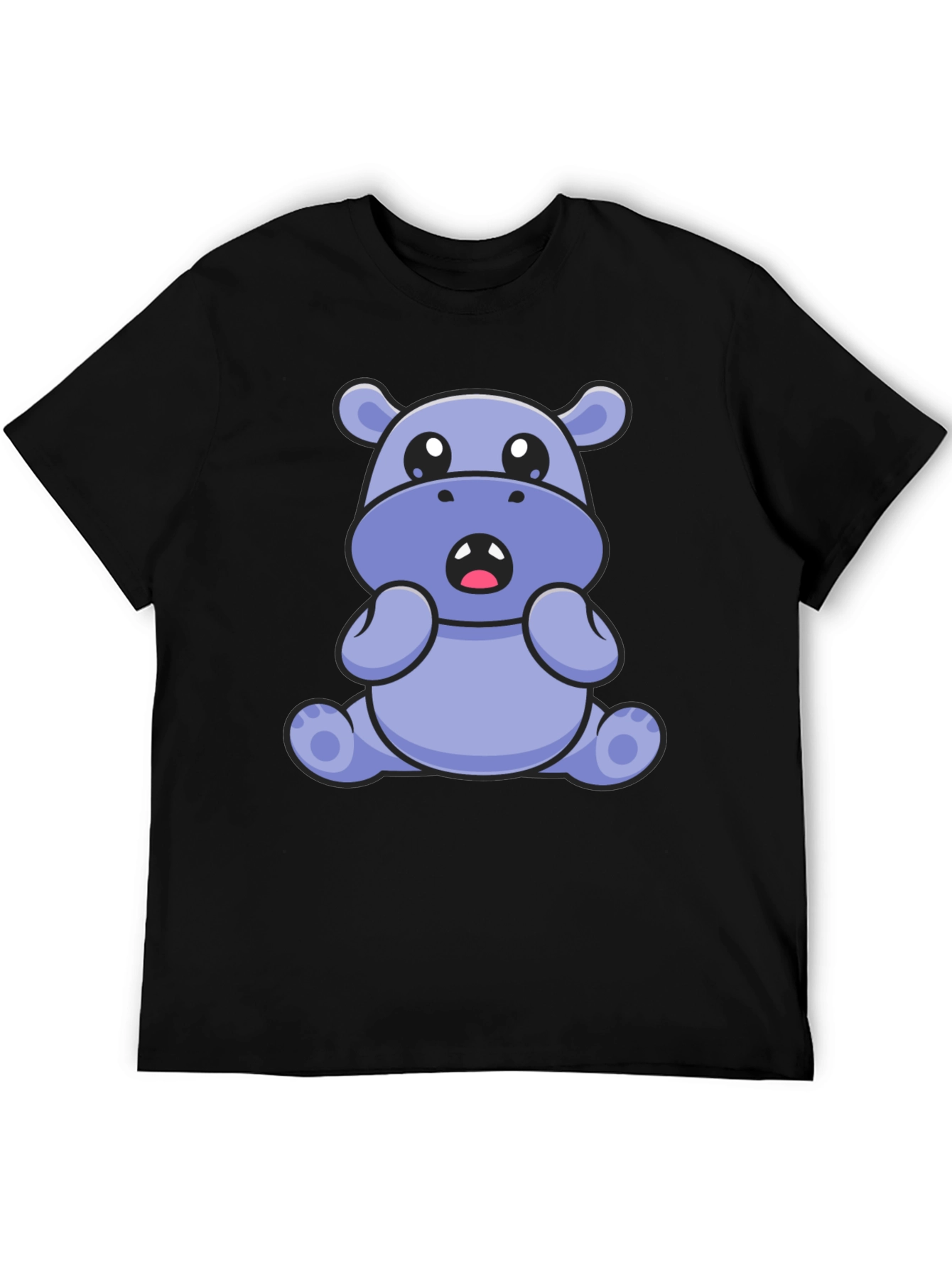 Cute Hippo Graphic Tee - Black Cotton Blend T-Shirt