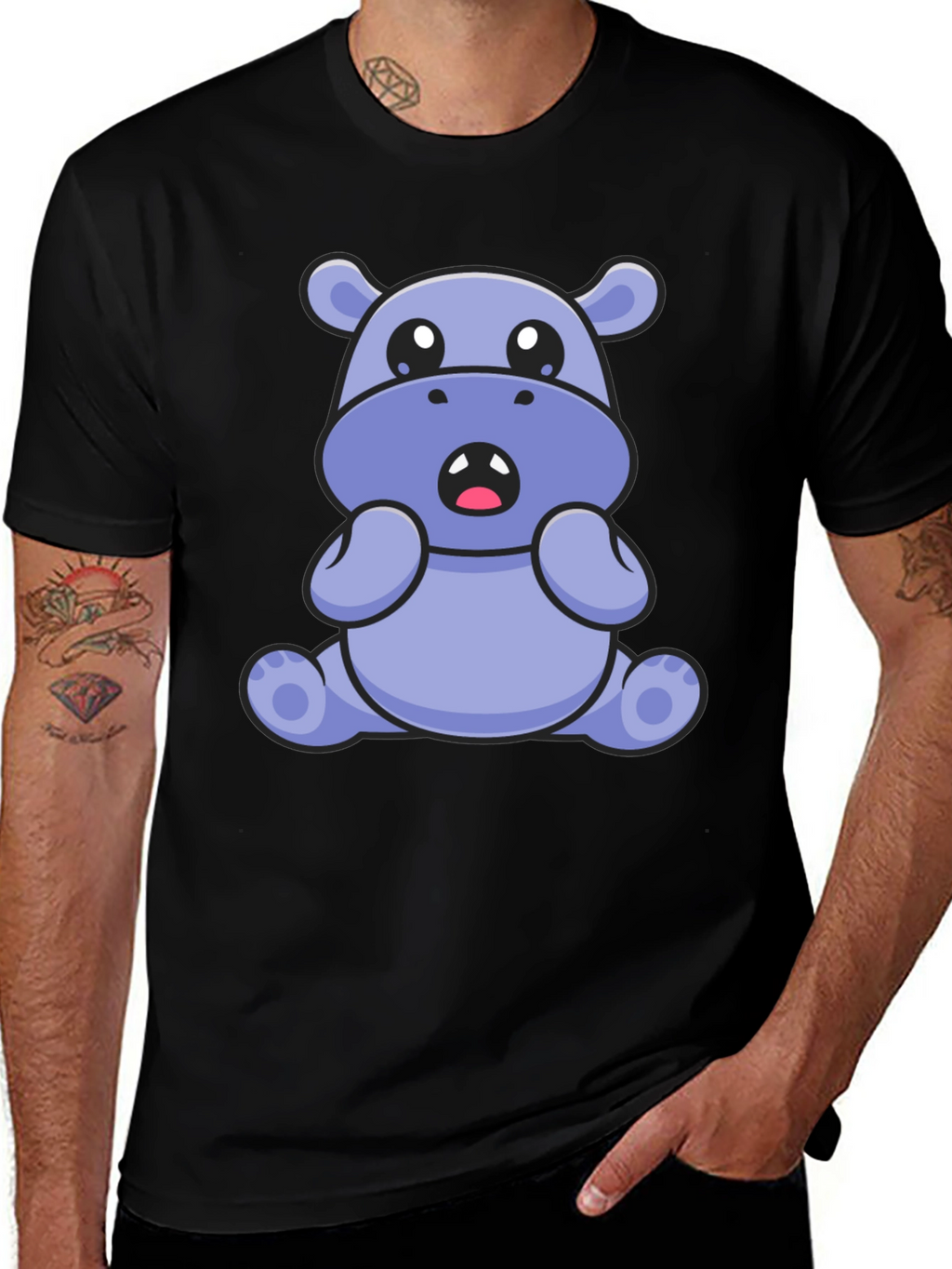Cute Hippo Graphic Tee - Black Cotton Blend T-Shirt