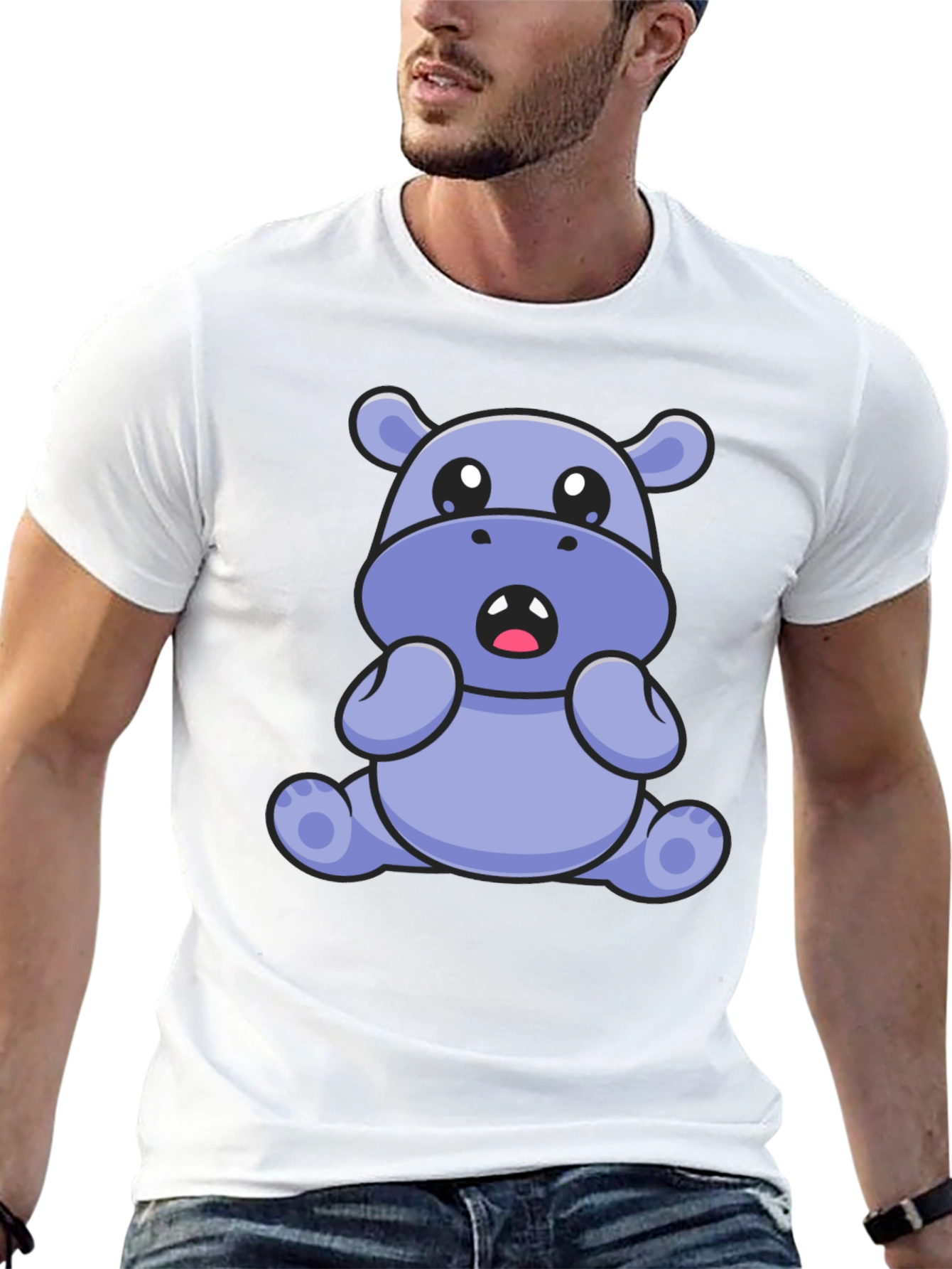 Cute Hippo Graphic Tee - Black Cotton Blend T-Shirt