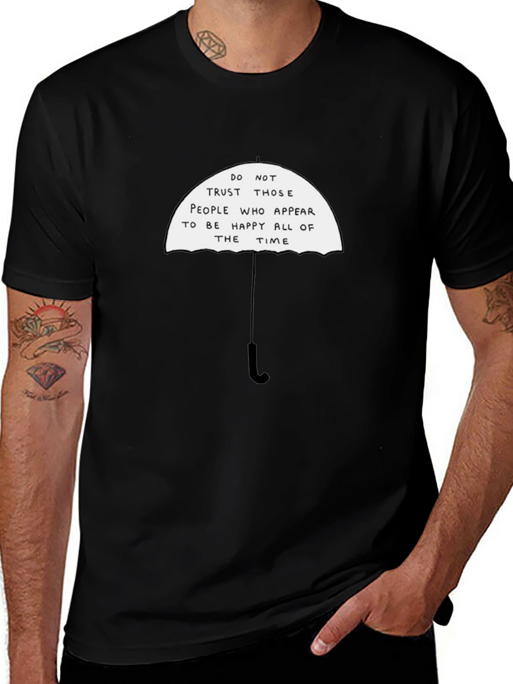 Black T-Shirt with Funny Umbrella Graphic