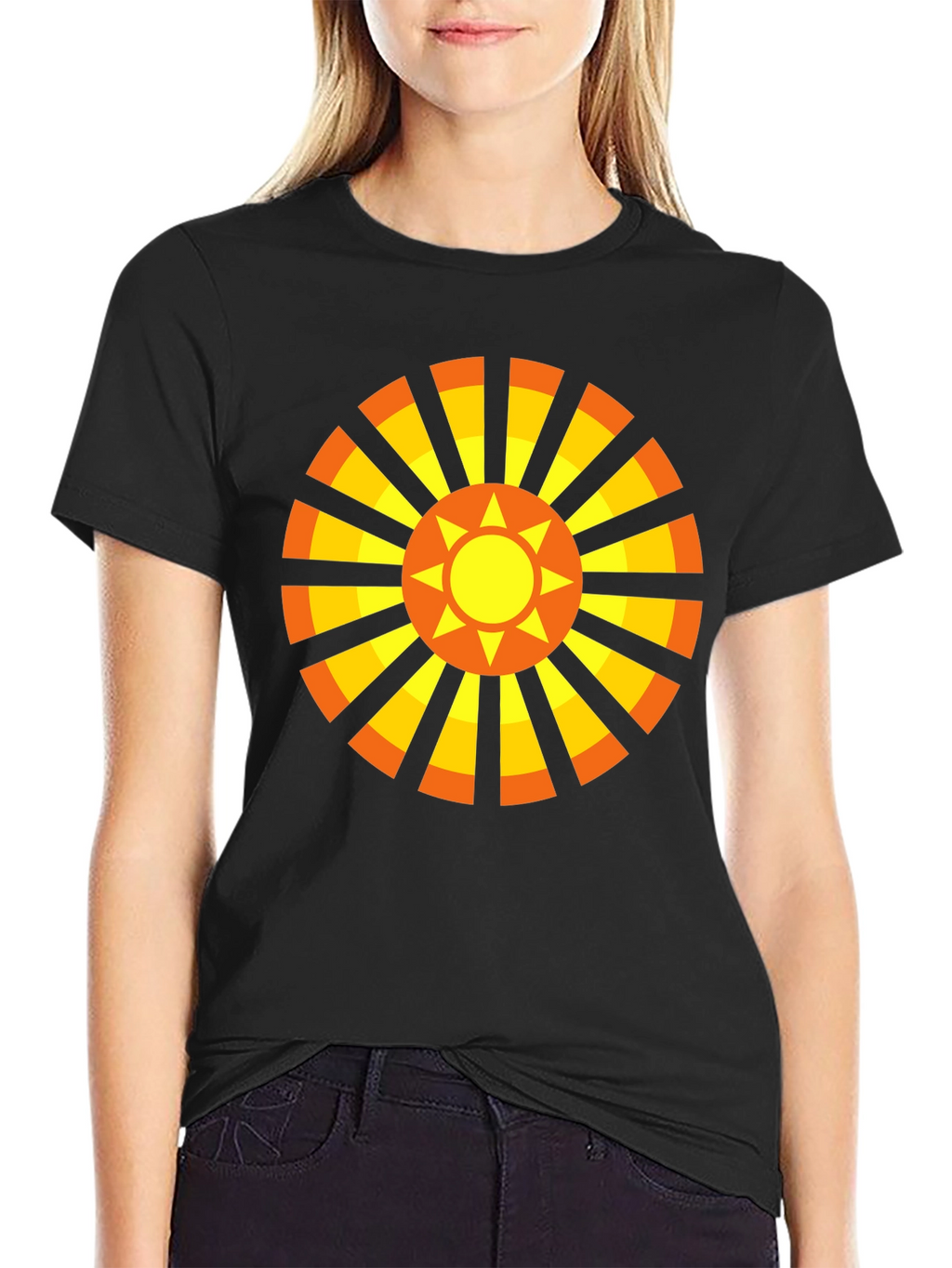 Geometric Sun Graphic Tee - Casual Black Shirt
