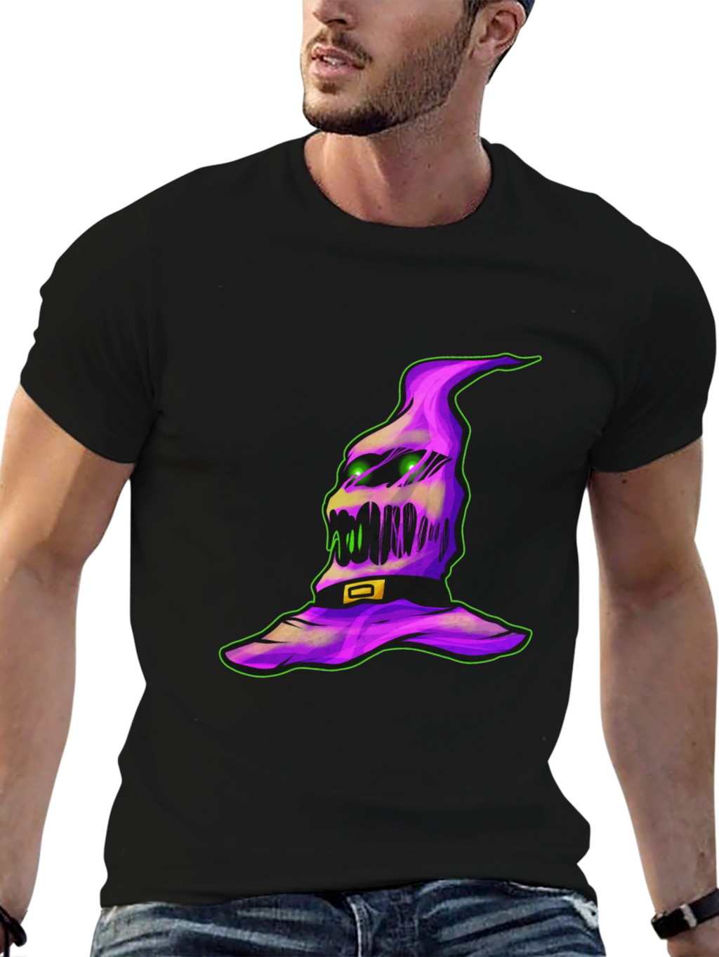 Spooky Halloween Hat Graphic Tee - Black Cotton Shirt