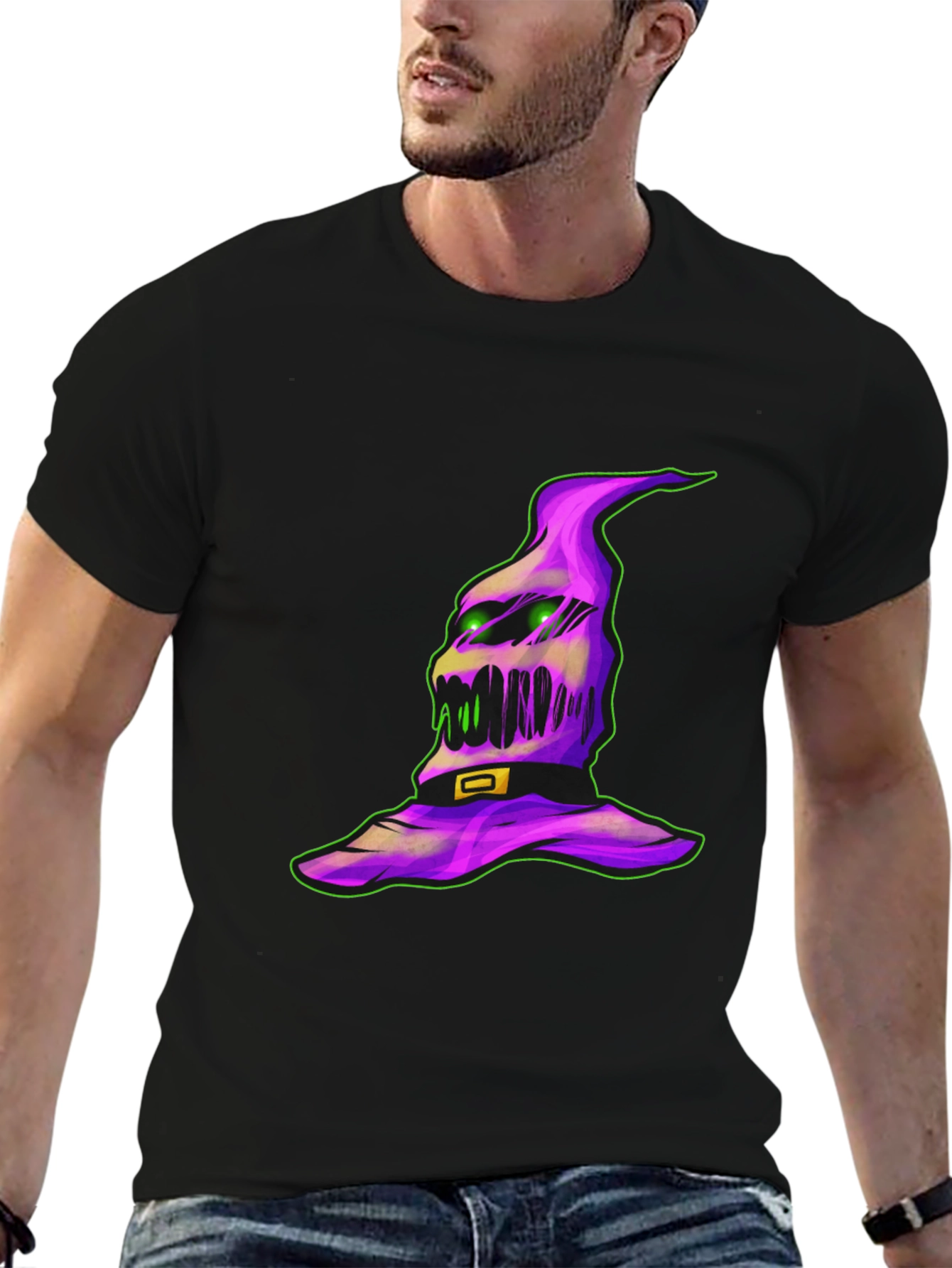 Spooky Halloween Hat Graphic Tee - Black Cotton Shirt