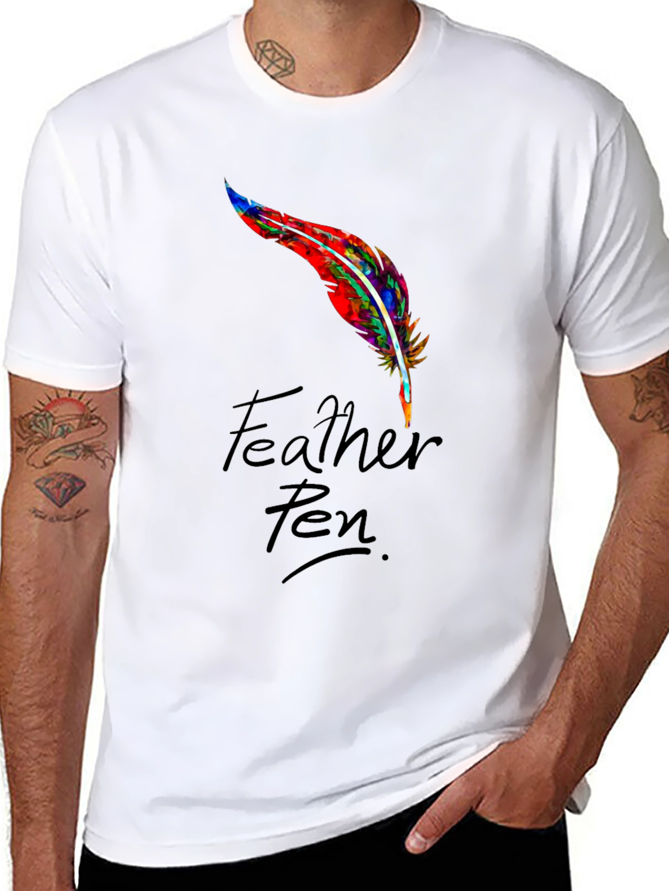 Feather Pen Graphic Tee - Colorful Writers Shirt