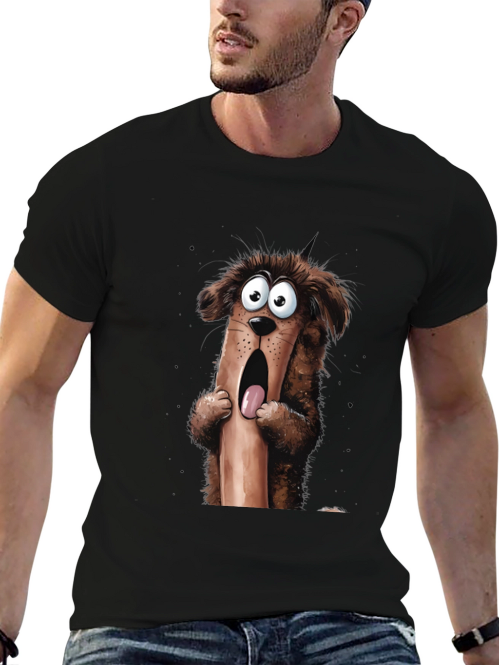Cartoon Dog Graphic T-Shirt Mens Black Tee
