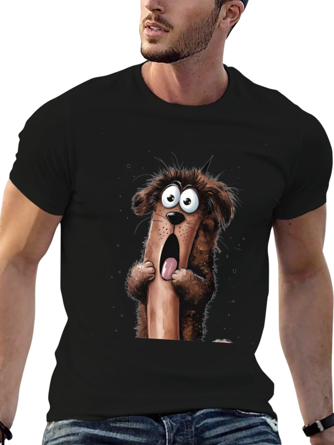 Cartoon Dog Graphic T-Shirt Mens Black Tee