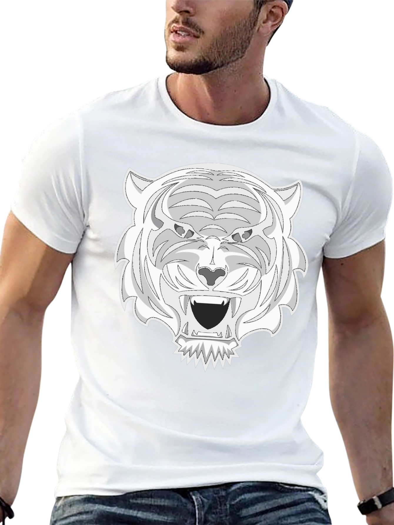 Black Tee with White Tiger Graphic Print