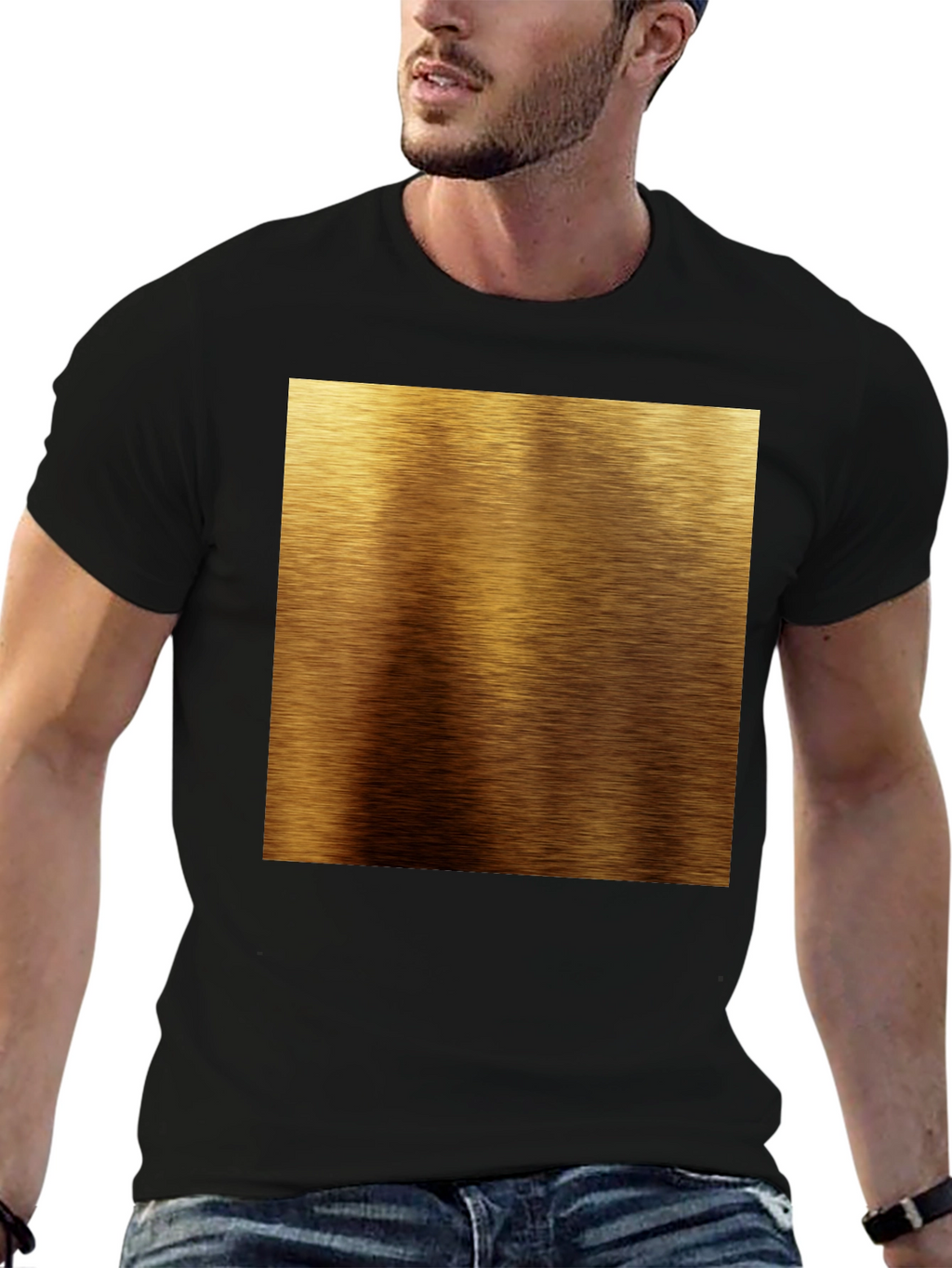 Gold Brushed Metal Texture Print Black T-Shirt